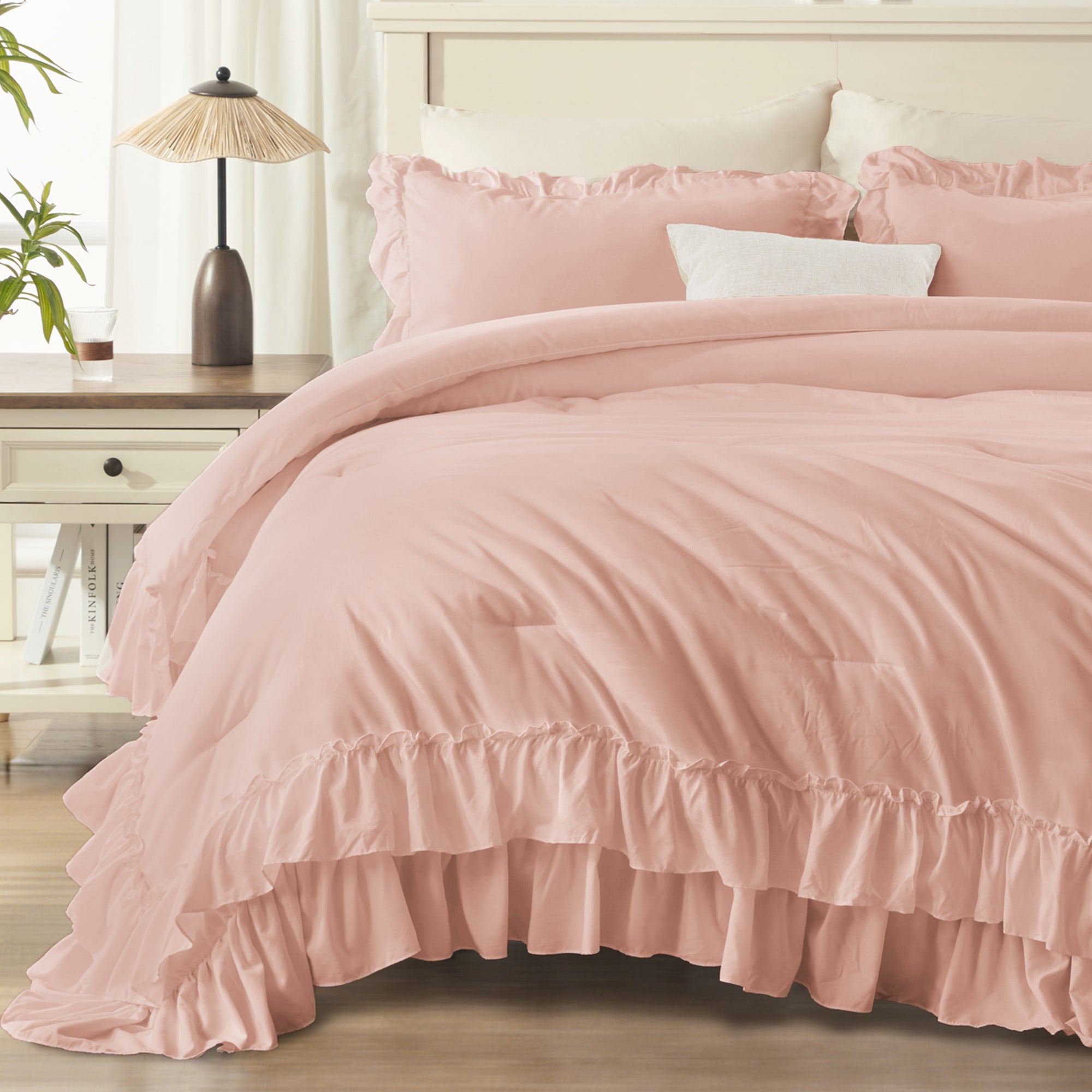 ANGENIA 3 Pieces Ruffle Comforter Set,  Solid Farmhouse Bedding Comforter Sets, Cozy Fluffy Lightweight Down Alternative Bed Set for Girls Teens Women Men