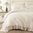 ANGENIA 3 Pieces Ruffle Comforter Set,  Solid Farmhouse Bedding Comforter Sets, Cozy Fluffy Lightweight Down Alternative Bed Set for Girls Teens Women Men