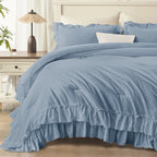 ANGENIA 3 Pieces Ruffle Comforter Set,  Solid Farmhouse Bedding Comforter Sets, Cozy Fluffy Lightweight Down Alternative Bed Set for Girls Teens Women Men