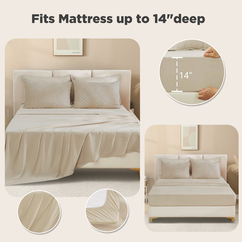 ANGENIA Bohemian Cream Comforter Set with Sheet, 7 Pieces Bed in a Bag Soft Lightweight Fluffy Tufted All Season Bed Set with Comforter, Sheets, Pillowcases & Shams