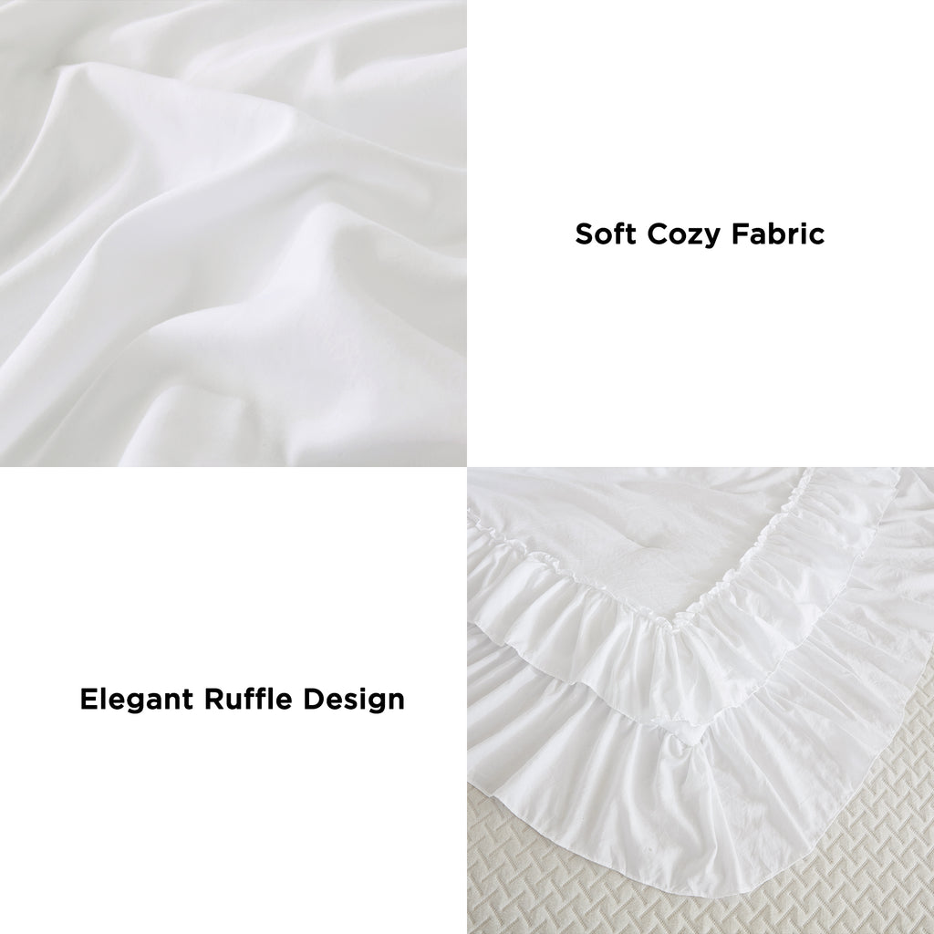 ANGENIA 3 Pieces Ruffle Comforter Set,  Solid Farmhouse Bedding Comforter Sets, Cozy Fluffy Lightweight Down Alternative Bed Set for Girls Teens Women Men