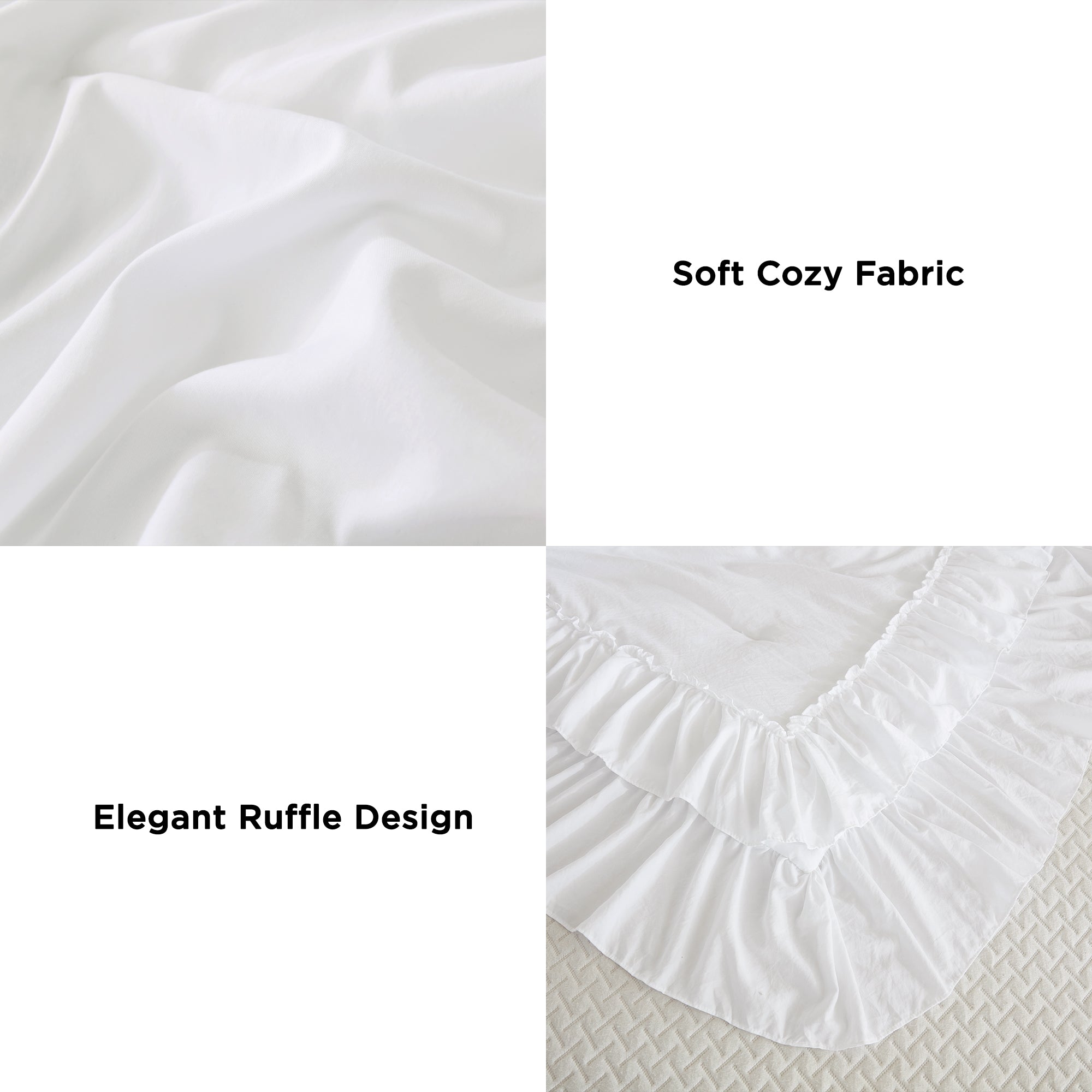 ANGENIA 3 Pieces Ruffle Comforter Set,  Solid Farmhouse Bedding Comforter Sets, Cozy Fluffy Lightweight Down Alternative Bed Set for Girls Teens Women Men
