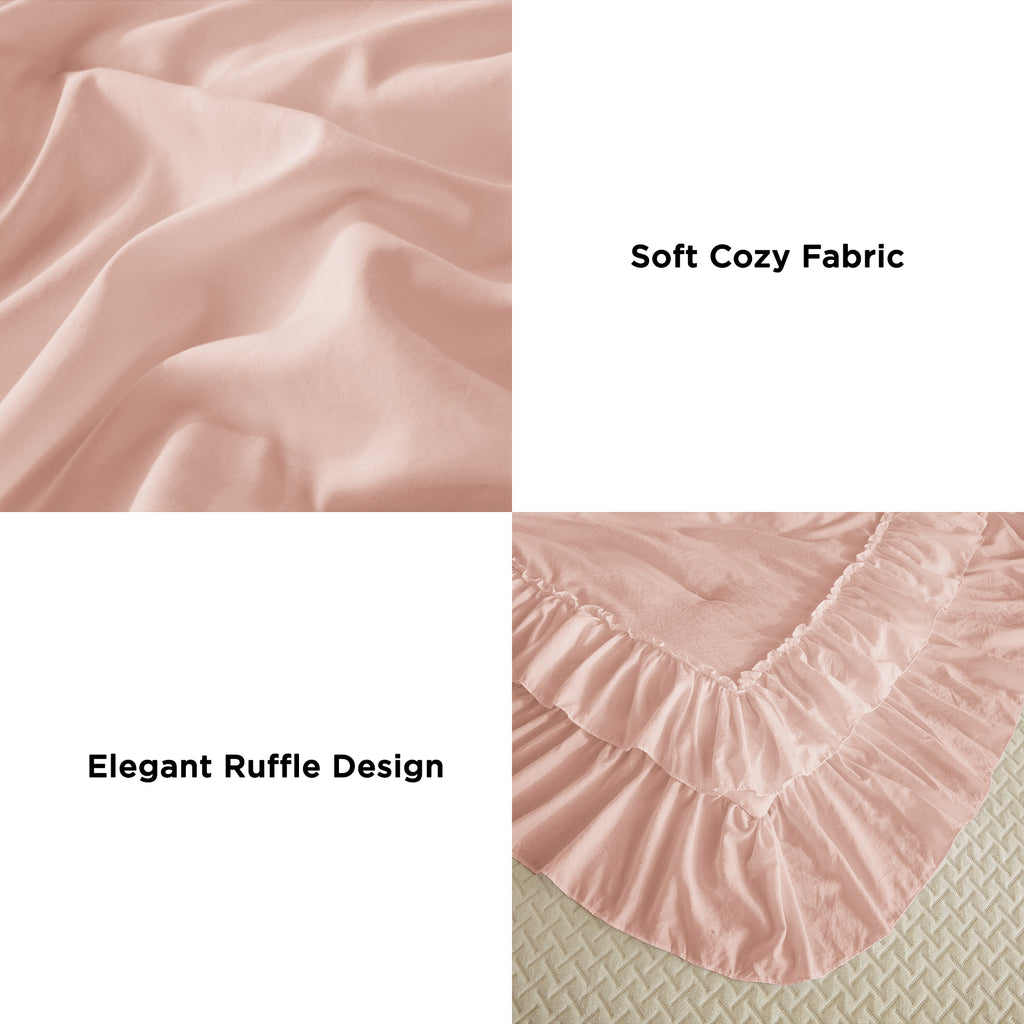 ANGENIA 3 Pieces Ruffle Comforter Set,  Solid Farmhouse Bedding Comforter Sets, Cozy Fluffy Lightweight Down Alternative Bed Set for Girls Teens Women Men