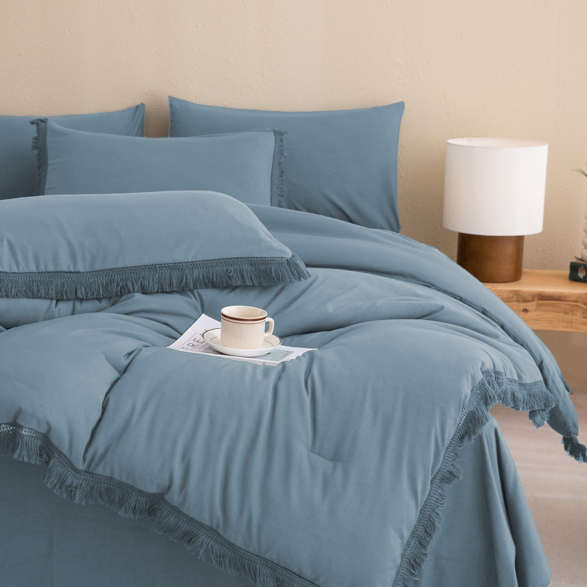 Andency 7 Pieces Comforter Sets -  Bed in a Bag Soft Fluffy Bedding Comforter Sets - Lightweight Cream Boho Tassel Bed Set with Comforter, Sheets, Pillowcases & Shams