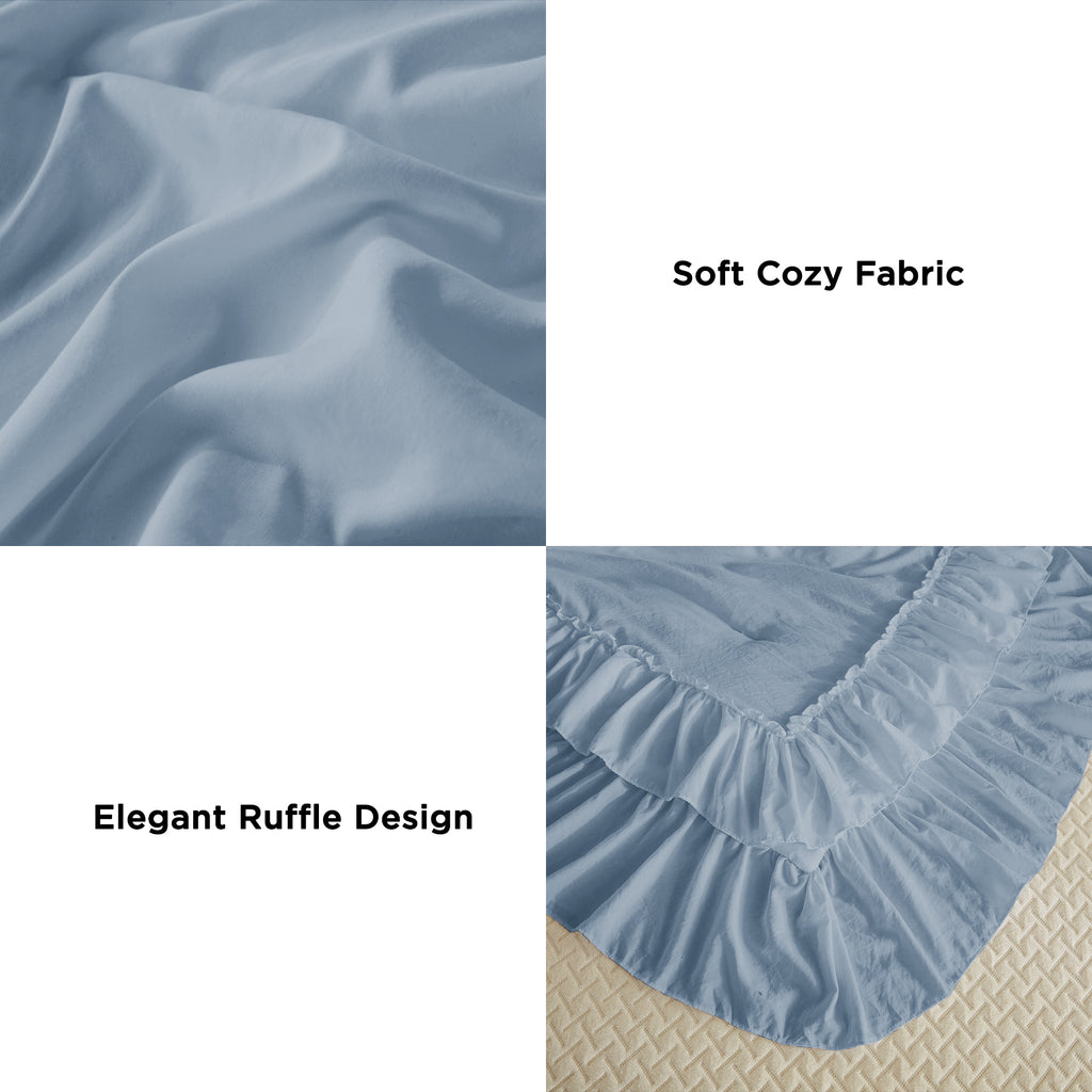 ANGENIA 3 Pieces Ruffle Comforter Set,  Solid Farmhouse Bedding Comforter Sets, Cozy Fluffy Lightweight Down Alternative Bed Set for Girls Teens Women Men
