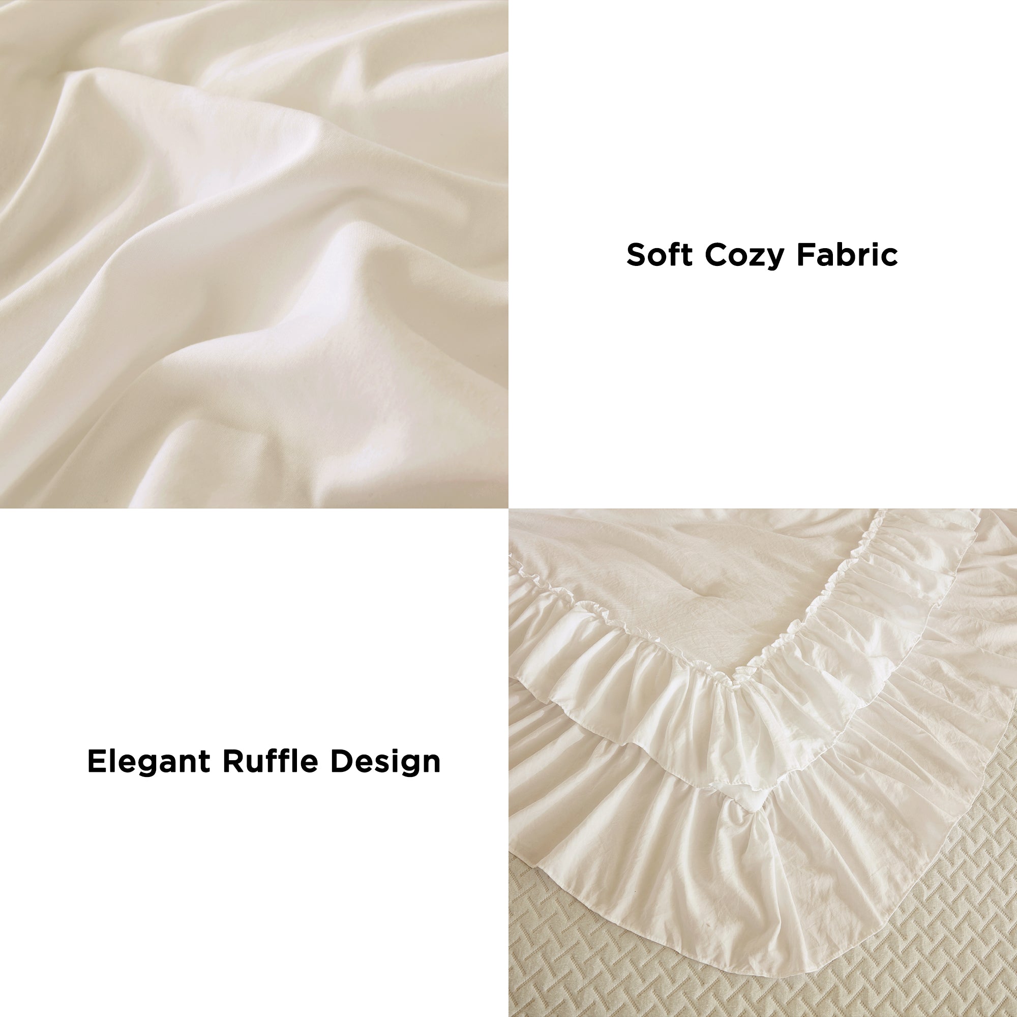 ANGENIA 3 Pieces Ruffle Comforter Set,  Solid Farmhouse Bedding Comforter Sets, Cozy Fluffy Lightweight Down Alternative Bed Set for Girls Teens Women Men