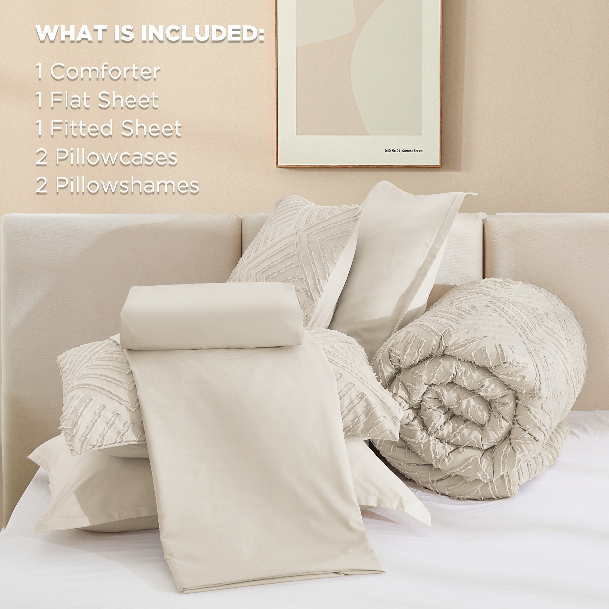 ANGENIA Bohemian Cream Comforter Set with Sheet, 7 Pieces Bed in a Bag Soft Lightweight Fluffy Tufted All Season Bed Set with Comforter, Sheets, Pillowcases & Shams