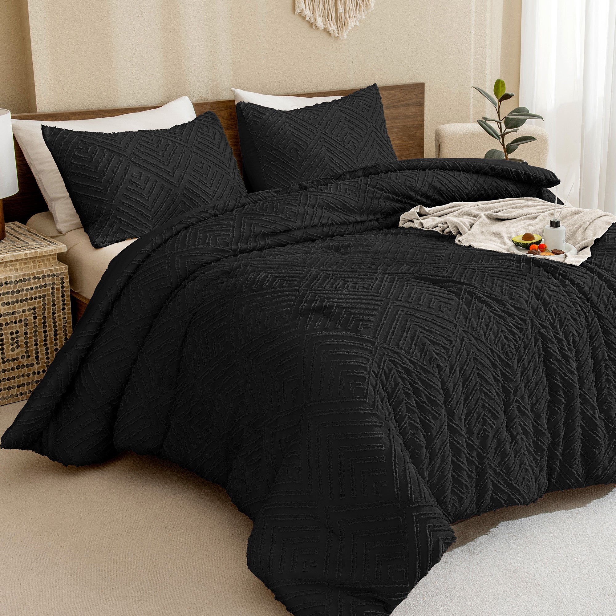 ANGENIA Comforter Set, 3 Pieces Fluffy Cream Boho Bedding Comforters Set, Soft Lightweight Tufted Down Alternative Bed Set for All Season