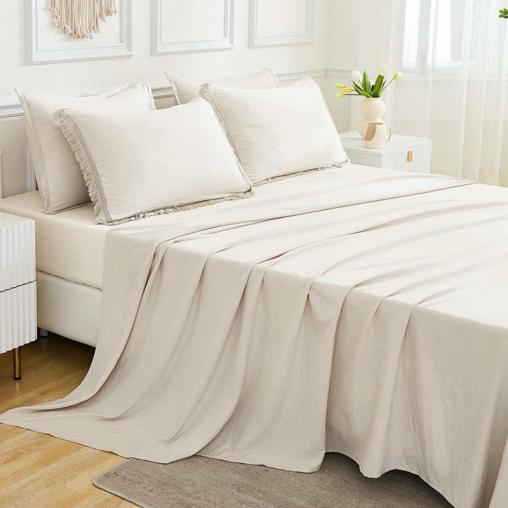 Andency 7 Pieces Comforter Sets -  Bed in a Bag Soft Fluffy Bedding Comforter Sets - Lightweight Cream Boho Tassel Bed Set with Comforter, Sheets, Pillowcases & Shams