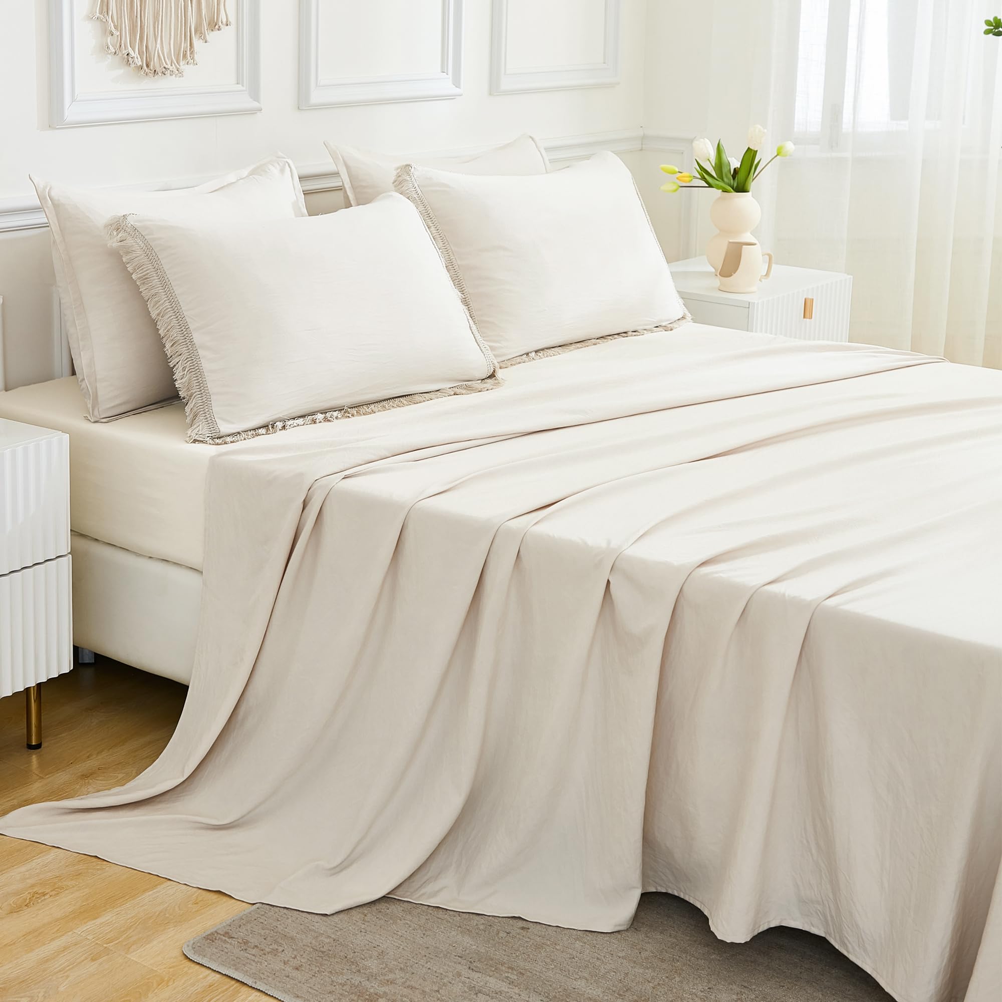Andency 7 Pieces Comforter Sets -  Bed in a Bag Soft Fluffy Bedding Comforter Sets - Lightweight Cream Boho Tassel Bed Set with Comforter, Sheets, Pillowcases & Shams