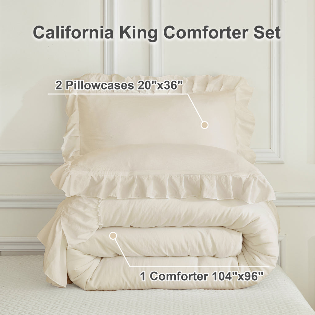 ANGENIA 3 Pieces Ruffle Comforter Set,  Solid Farmhouse Bedding Comforter Sets, Cozy Fluffy Lightweight Down Alternative Bed Set for Girls Teens Women Men