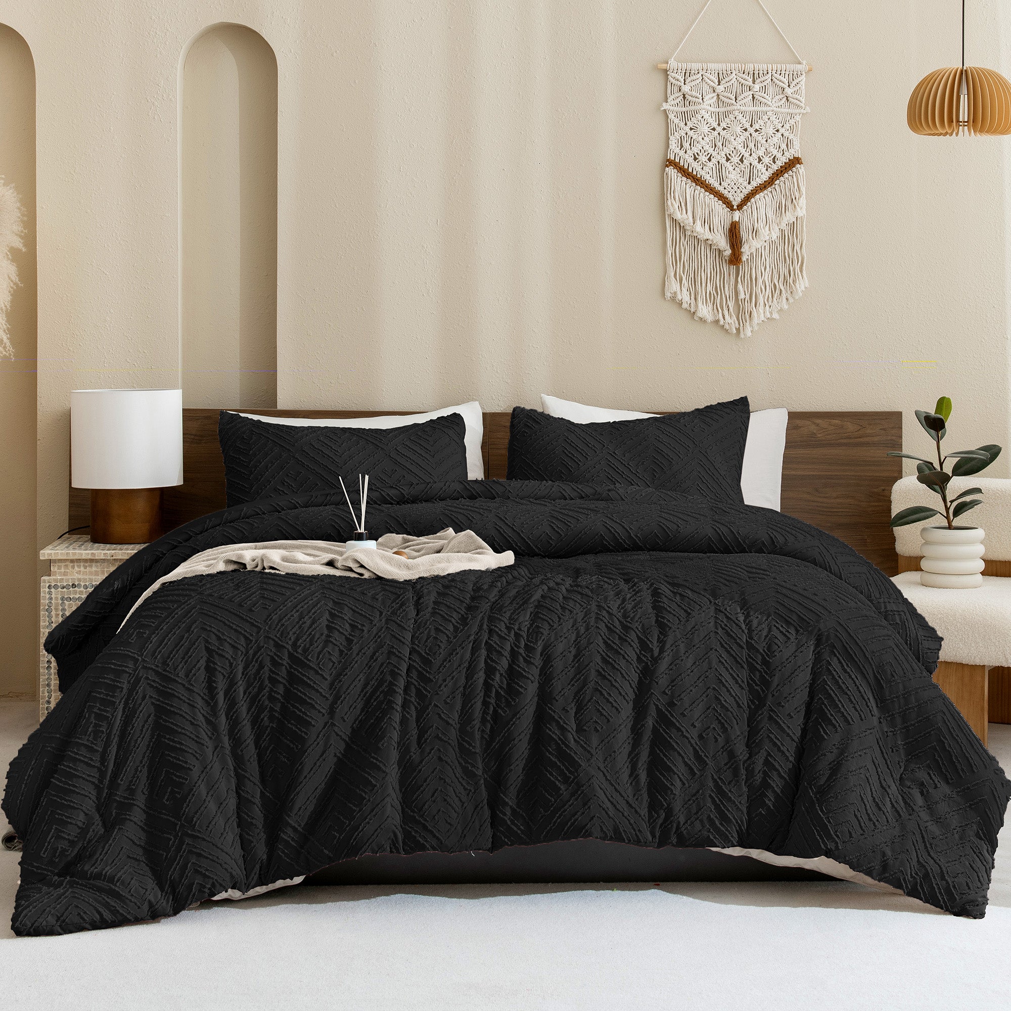 ANGENIA Comforter Set, 3 Pieces Fluffy Cream Boho Bedding Comforters Set, Soft Lightweight Tufted Down Alternative Bed Set for All Season