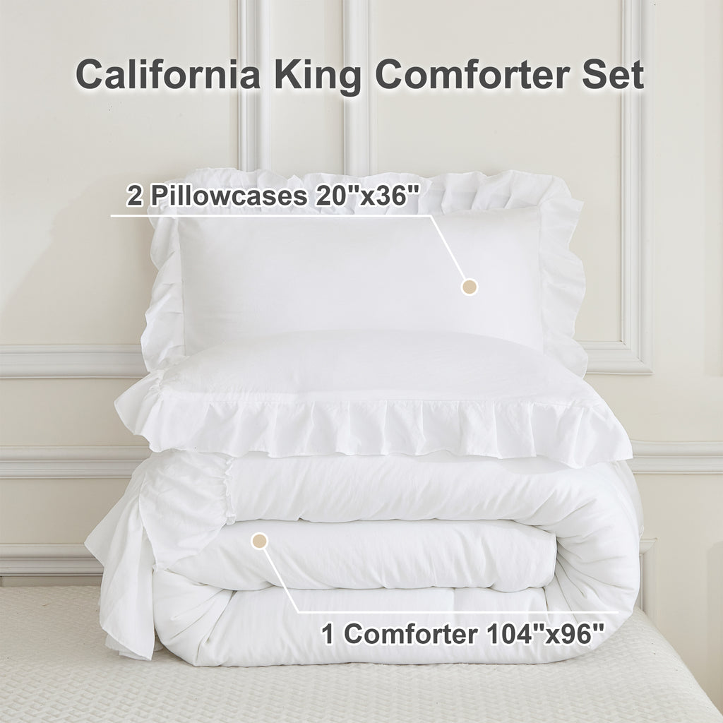 ANGENIA 3 Pieces Ruffle Comforter Set,  Solid Farmhouse Bedding Comforter Sets, Cozy Fluffy Lightweight Down Alternative Bed Set for Girls Teens Women Men