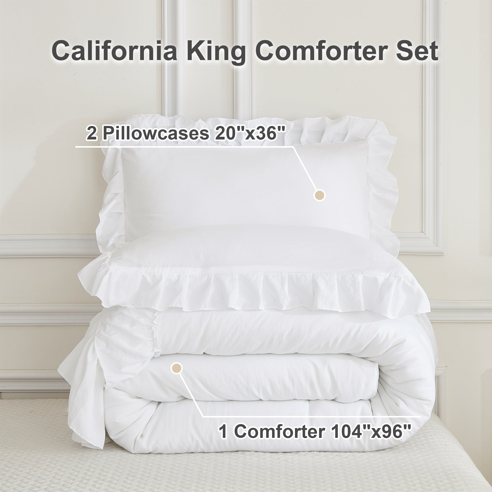ANGENIA 3 Pieces Ruffle Comforter Set,  Solid Farmhouse Bedding Comforter Sets, Cozy Fluffy Lightweight Down Alternative Bed Set for Girls Teens Women Men