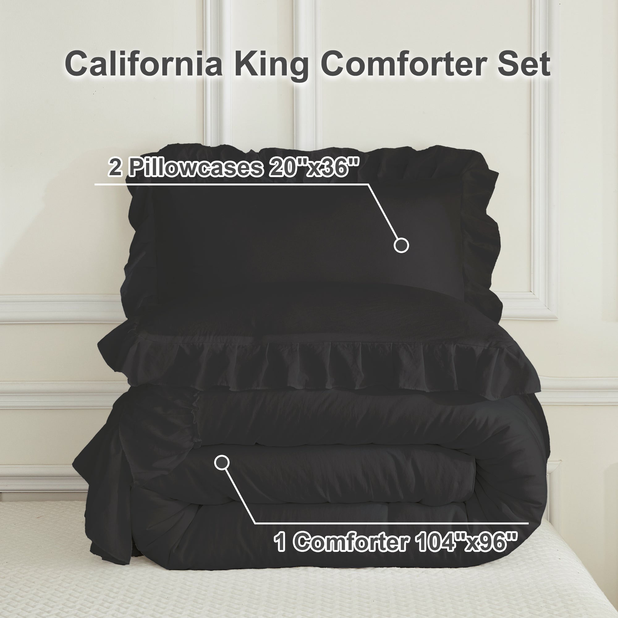 ANGENIA 3 Pieces Ruffle Comforter Set,  Solid Farmhouse Bedding Comforter Sets, Cozy Fluffy Lightweight Down Alternative Bed Set for Girls Teens Women Men