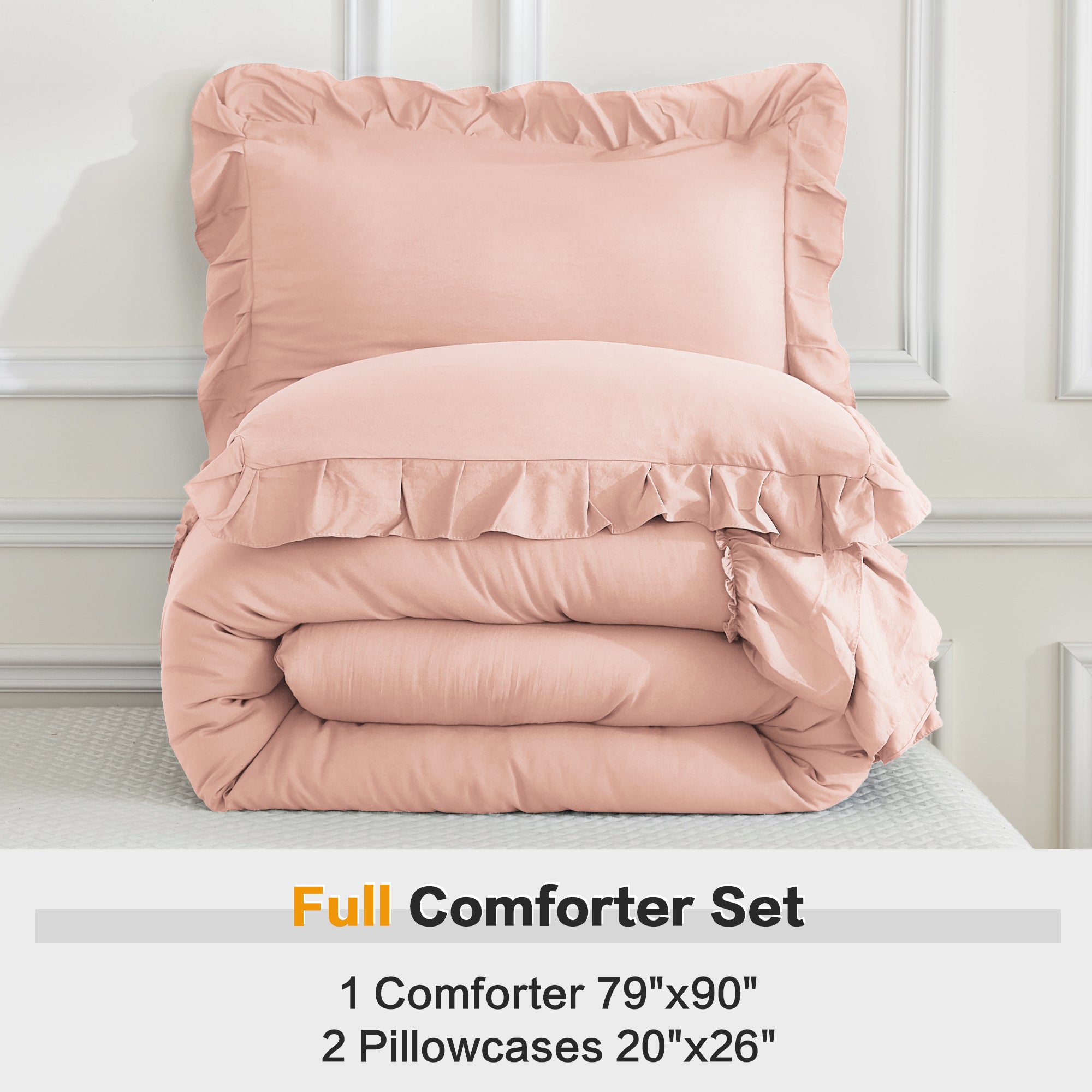 ANGENIA 3 Pieces Ruffle Comforter Set,  Solid Farmhouse Bedding Comforter Sets, Cozy Fluffy Lightweight Down Alternative Bed Set for Girls Teens Women Men