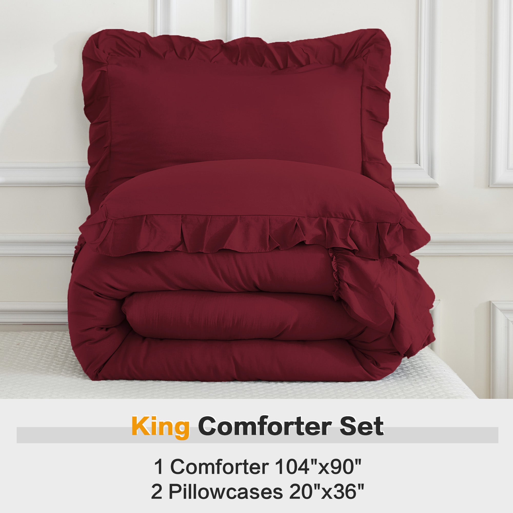 ANGENIA 3 Pieces Ruffle Comforter Set,  Solid Farmhouse Bedding Comforter Sets, Cozy Fluffy Lightweight Down Alternative Bed Set for Girls Teens Women Men