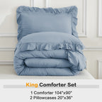 ANGENIA 3 Pieces Ruffle Comforter Set,  Solid Farmhouse Bedding Comforter Sets, Cozy Fluffy Lightweight Down Alternative Bed Set for Girls Teens Women Men