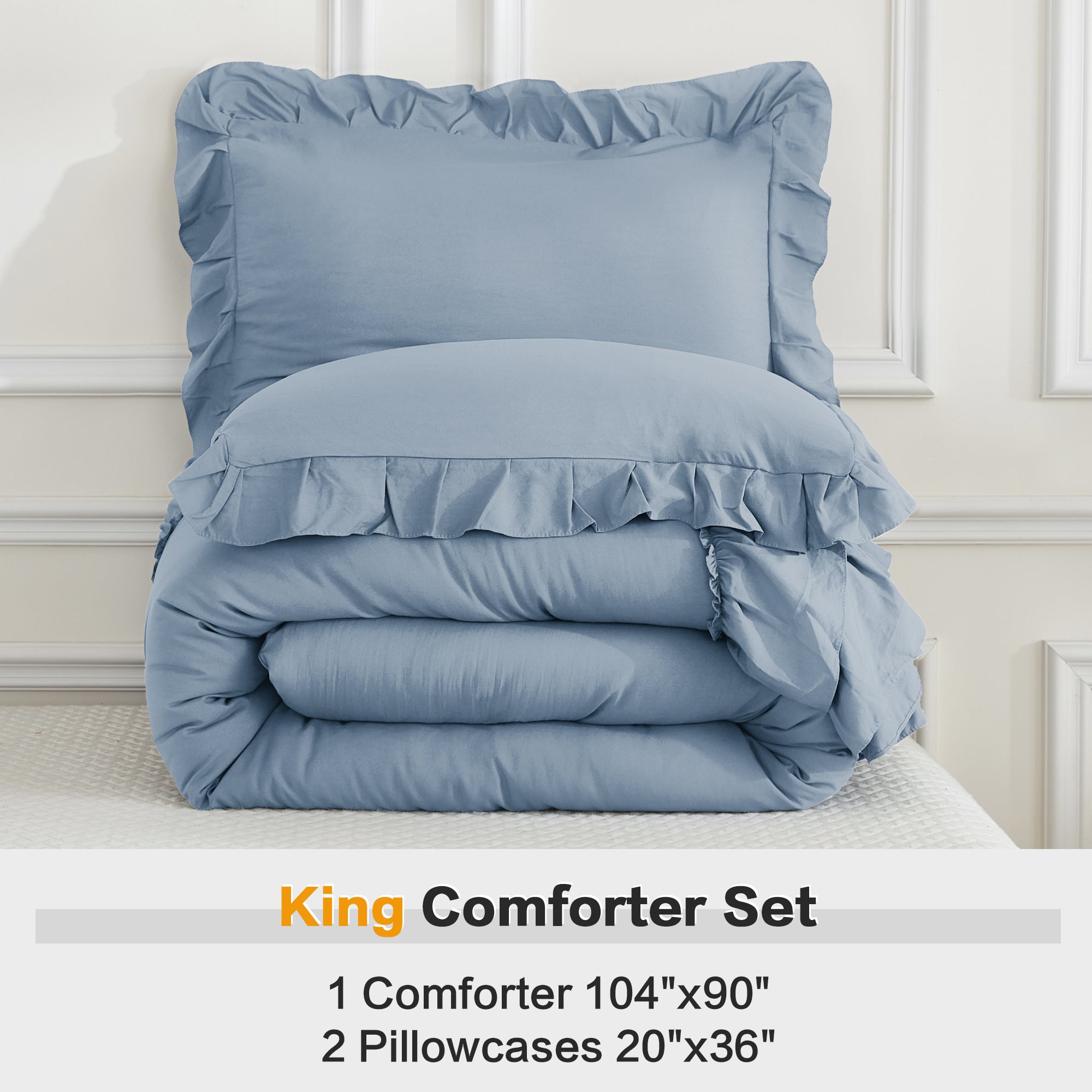 ANGENIA 3 Pieces Ruffle Comforter Set,  Solid Farmhouse Bedding Comforter Sets, Cozy Fluffy Lightweight Down Alternative Bed Set for Girls Teens Women Men
