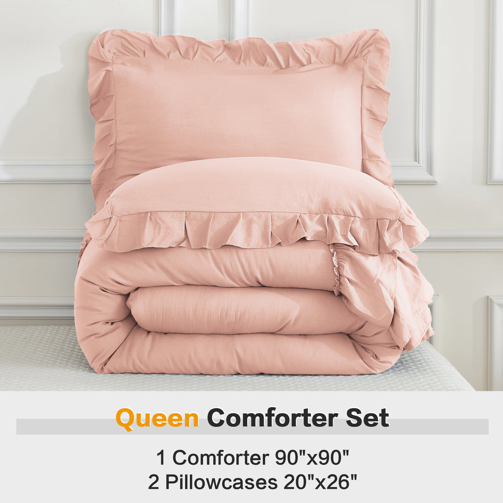 ANGENIA 3 Pieces Ruffle Comforter Set,  Solid Farmhouse Bedding Comforter Sets, Cozy Fluffy Lightweight Down Alternative Bed Set for Girls Teens Women Men