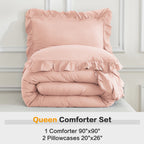 ANGENIA 3 Pieces Ruffle Comforter Set,  Solid Farmhouse Bedding Comforter Sets, Cozy Fluffy Lightweight Down Alternative Bed Set for Girls Teens Women Men