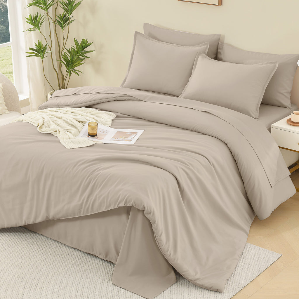 ANGENIA Comforter Sets - 7 Pieces Cream Bed in a Bag, Solid Warm Elegant Cozy Fluffy Bed Set with Comforter, Sheets, Pillowcases & Shams