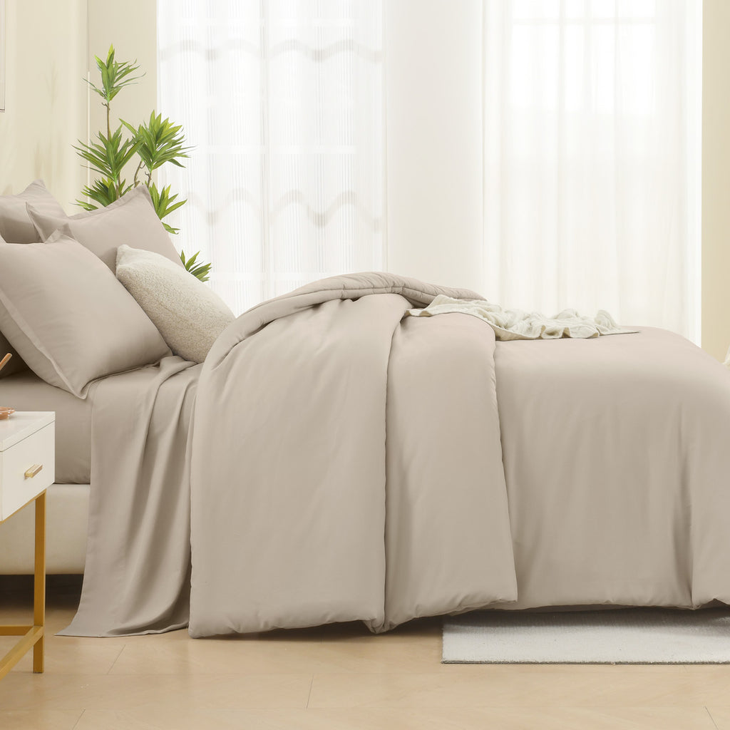 ANGENIA Comforter Sets - 7 Pieces Cream Bed in a Bag, Solid Warm Elegant Cozy Fluffy Bed Set with Comforter, Sheets, Pillowcases & Shams