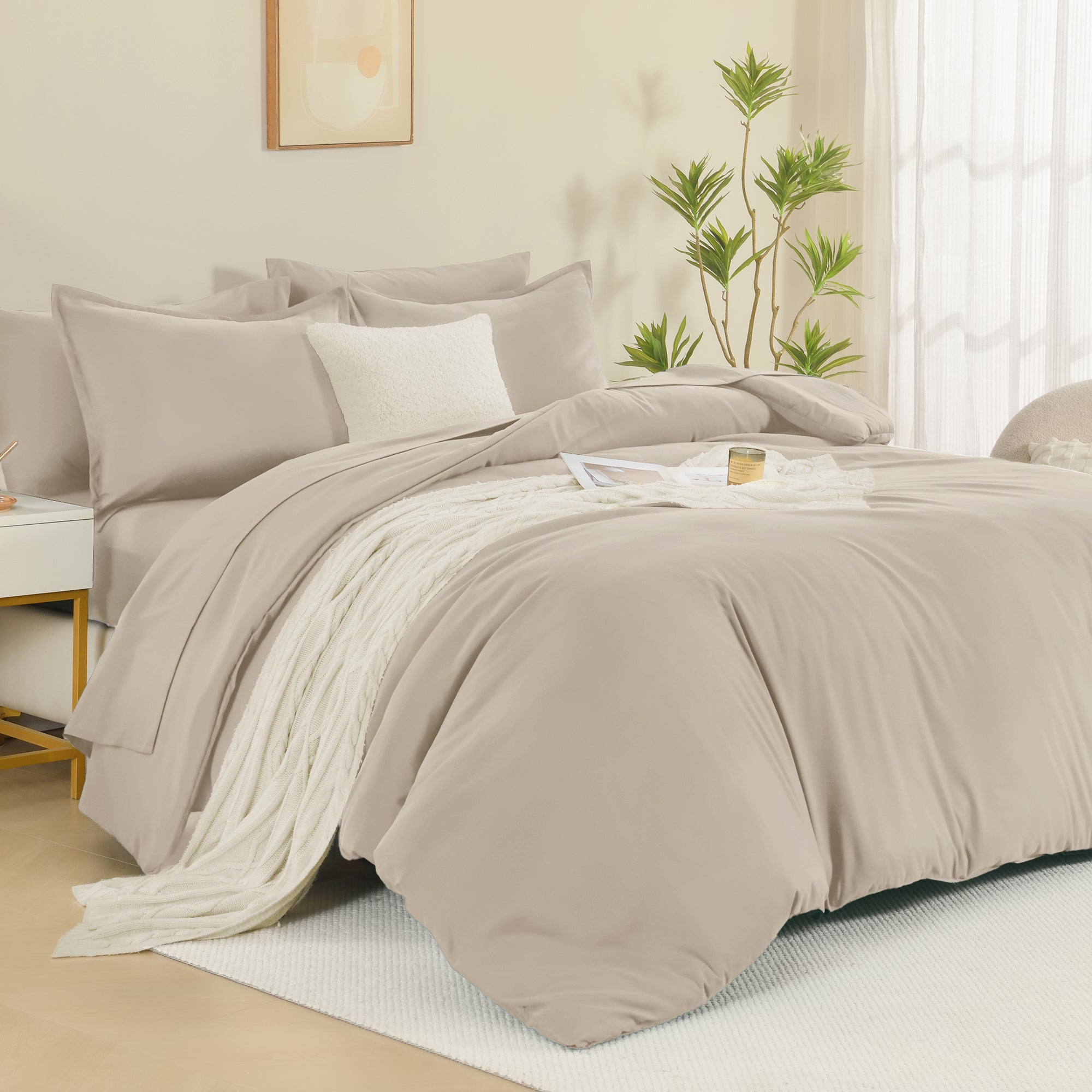 ANGENIA Comforter Sets - 7 Pieces Cream Bed in a Bag, Solid Warm Elegant Cozy Fluffy Bed Set with Comforter, Sheets, Pillowcases & Shams