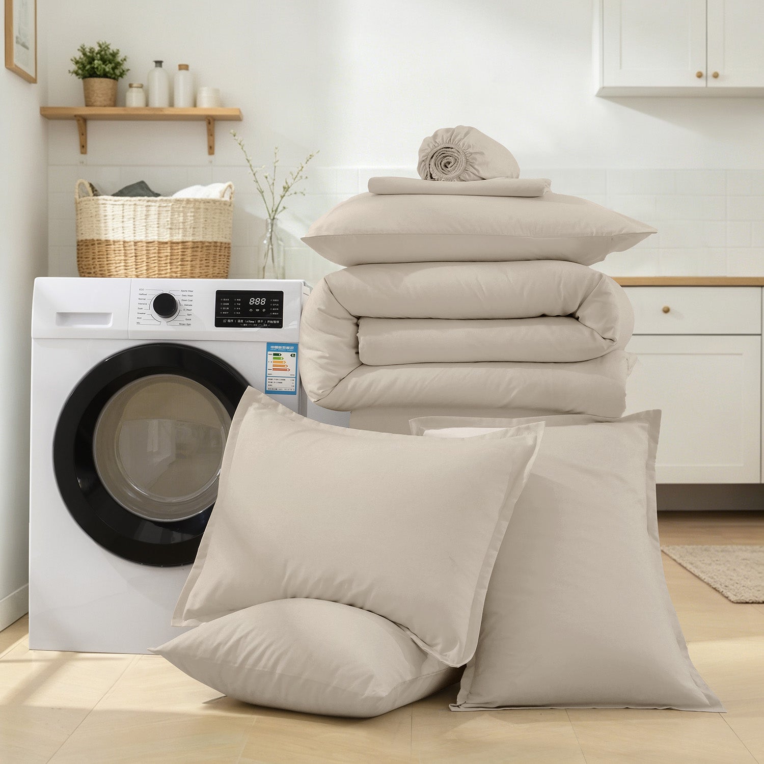ANGENIA Comforter Sets - 7 Pieces Cream Bed in a Bag, Solid Warm Elegant Cozy Fluffy Bed Set with Comforter, Sheets, Pillowcases & Shams