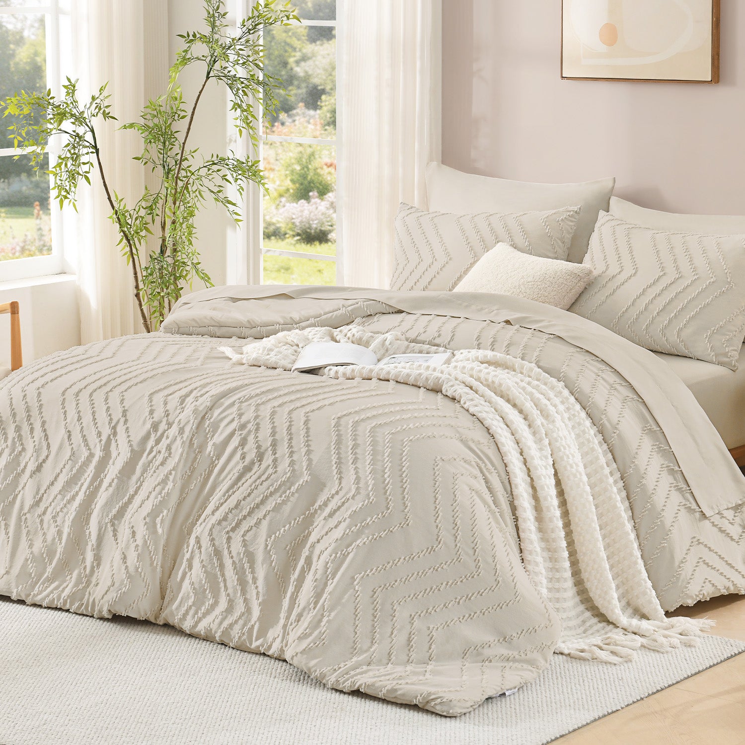ANGENIA Comforter Sets - 7 Pieces Bed in a Bag Bohemian Cream Soft Fluffy Chevron Elegant Tufted All Season Bed Sets with Comforter, Sheets, Pillowcases & Shams