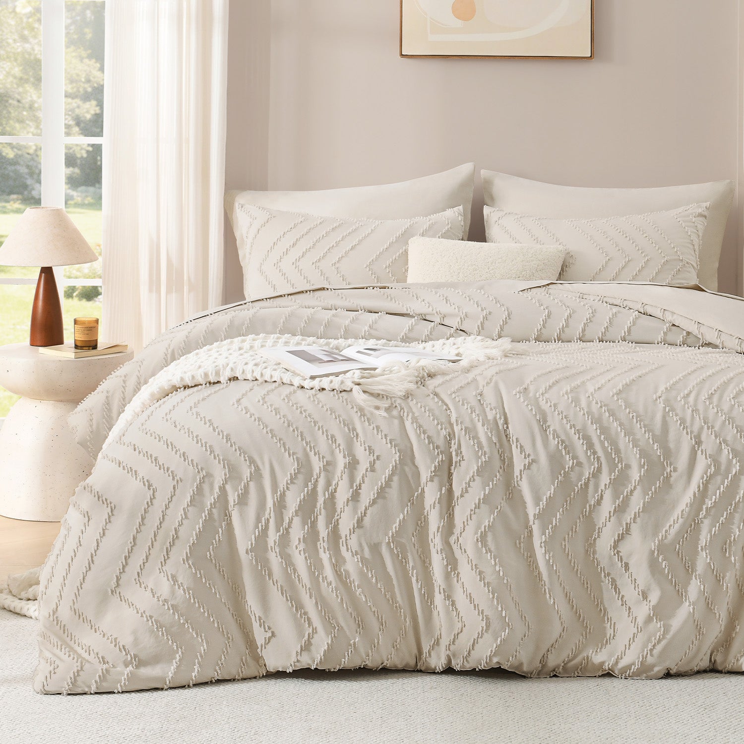 ANGENIA Comforter Sets - 7 Pieces Bed in a Bag Bohemian Cream Soft Fluffy Chevron Elegant Tufted All Season Bed Sets with Comforter, Sheets, Pillowcases & Shams