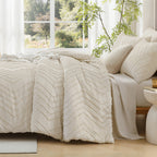 ANGENIA Comforter Sets - 7 Pieces Bed in a Bag Bohemian Cream Soft Fluffy Chevron Elegant Tufted All Season Bed Sets with Comforter, Sheets, Pillowcases & Shams