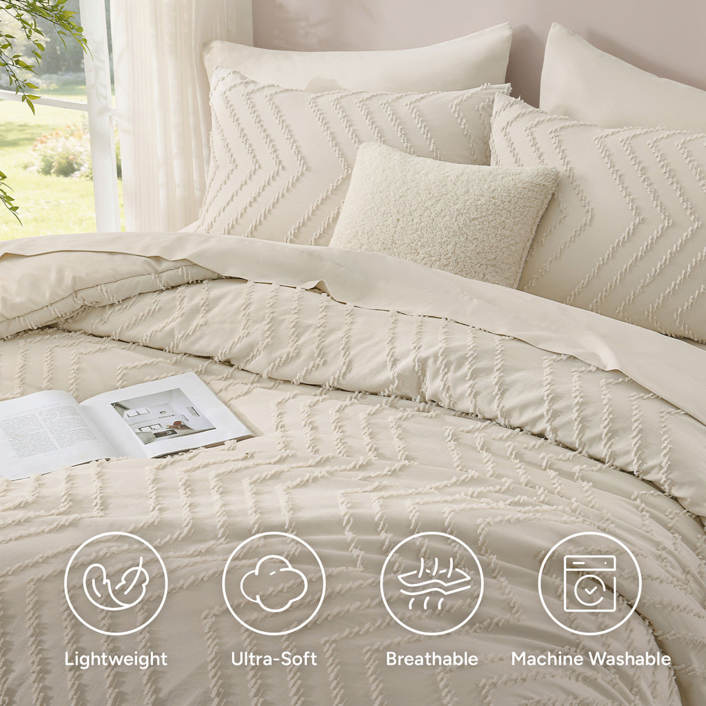ANGENIA Comforter Sets - 7 Pieces Bed in a Bag Bohemian Cream Soft Fluffy Chevron Elegant Tufted All Season Bed Sets with Comforter, Sheets, Pillowcases & Shams