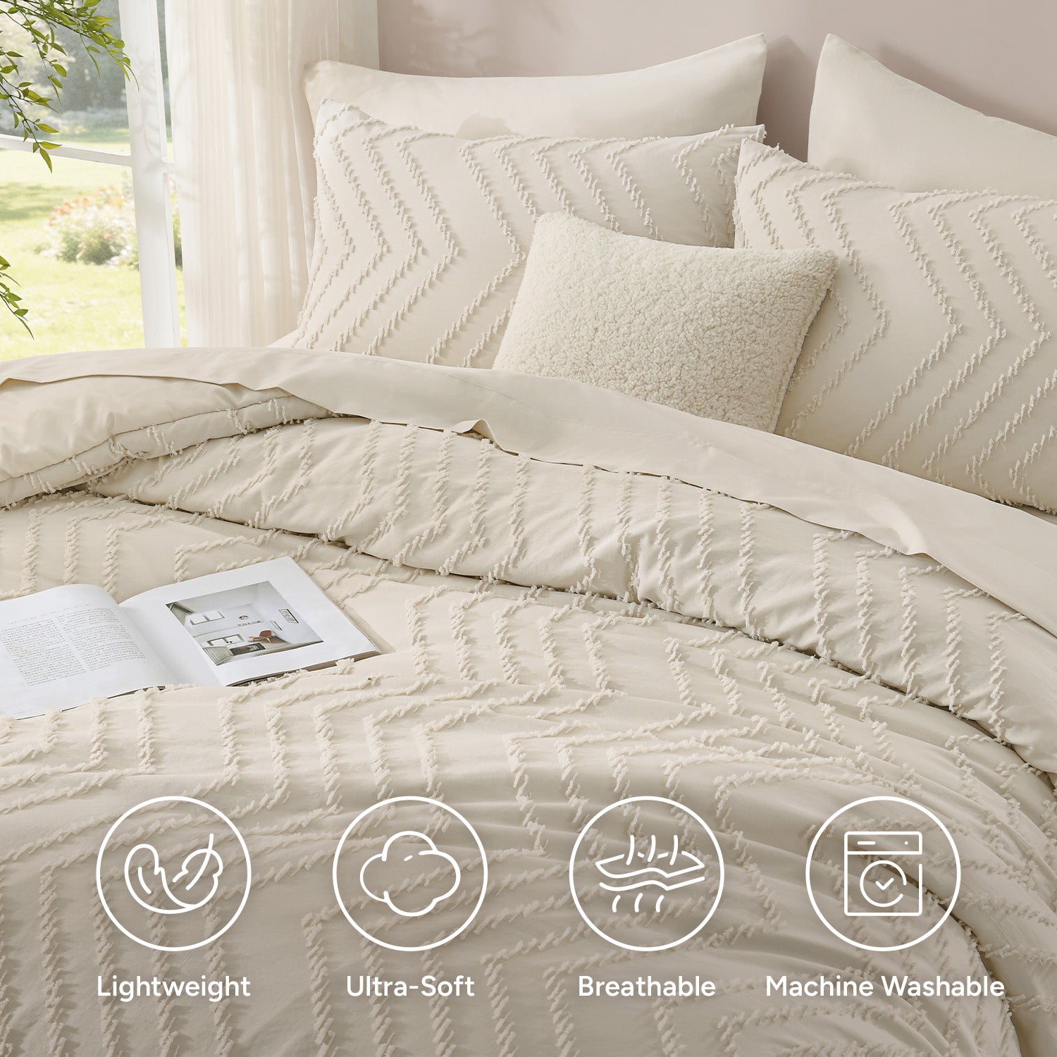 ANGENIA Comforter Sets - 7 Pieces Bed in a Bag Bohemian Cream Soft Fluffy Chevron Elegant Tufted All Season Bed Sets with Comforter, Sheets, Pillowcases & Shams