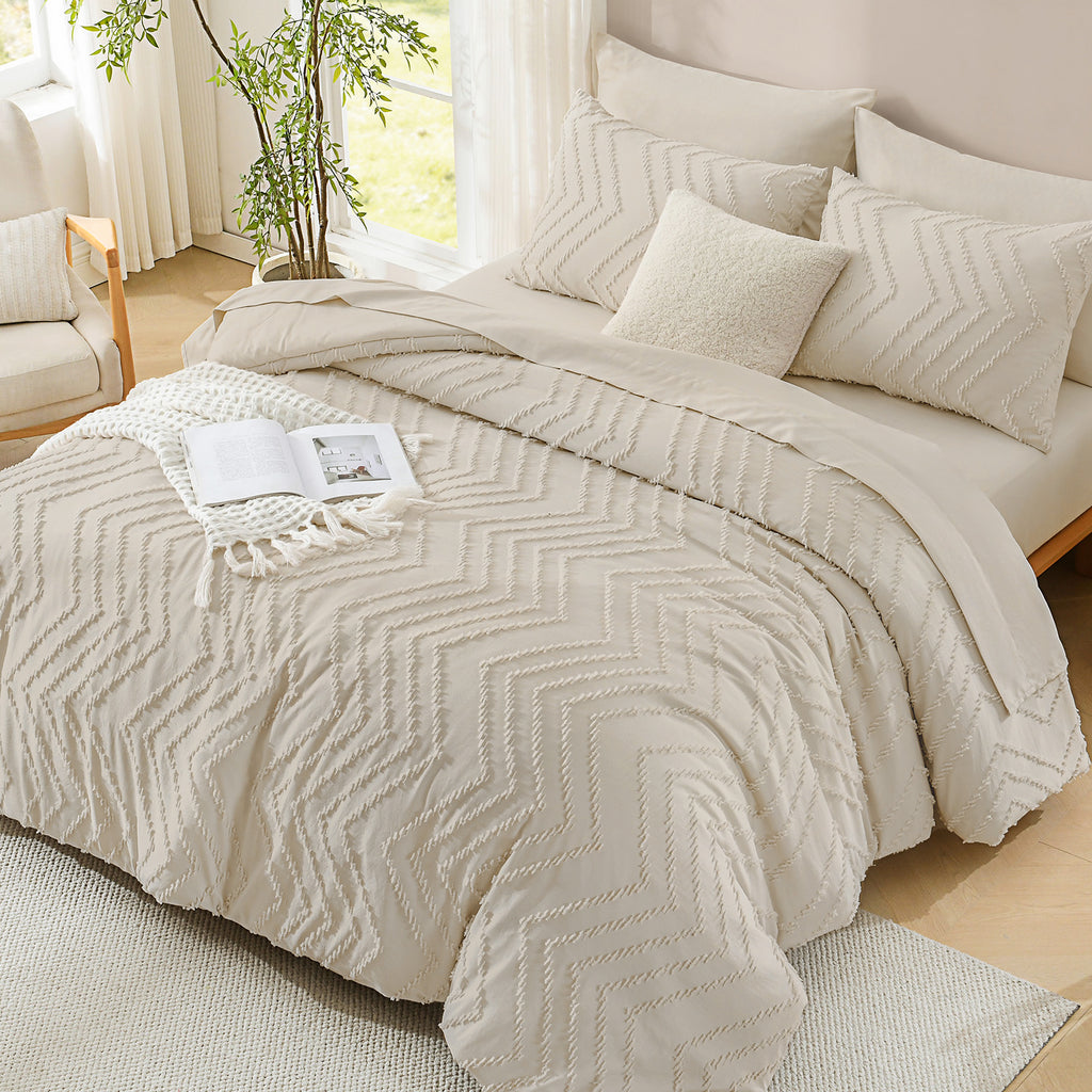 ANGENIA Comforter Sets - 7 Pieces Bed in a Bag Bohemian Cream Soft Fluffy Chevron Elegant Tufted All Season Bed Sets with Comforter, Sheets, Pillowcases & Shams
