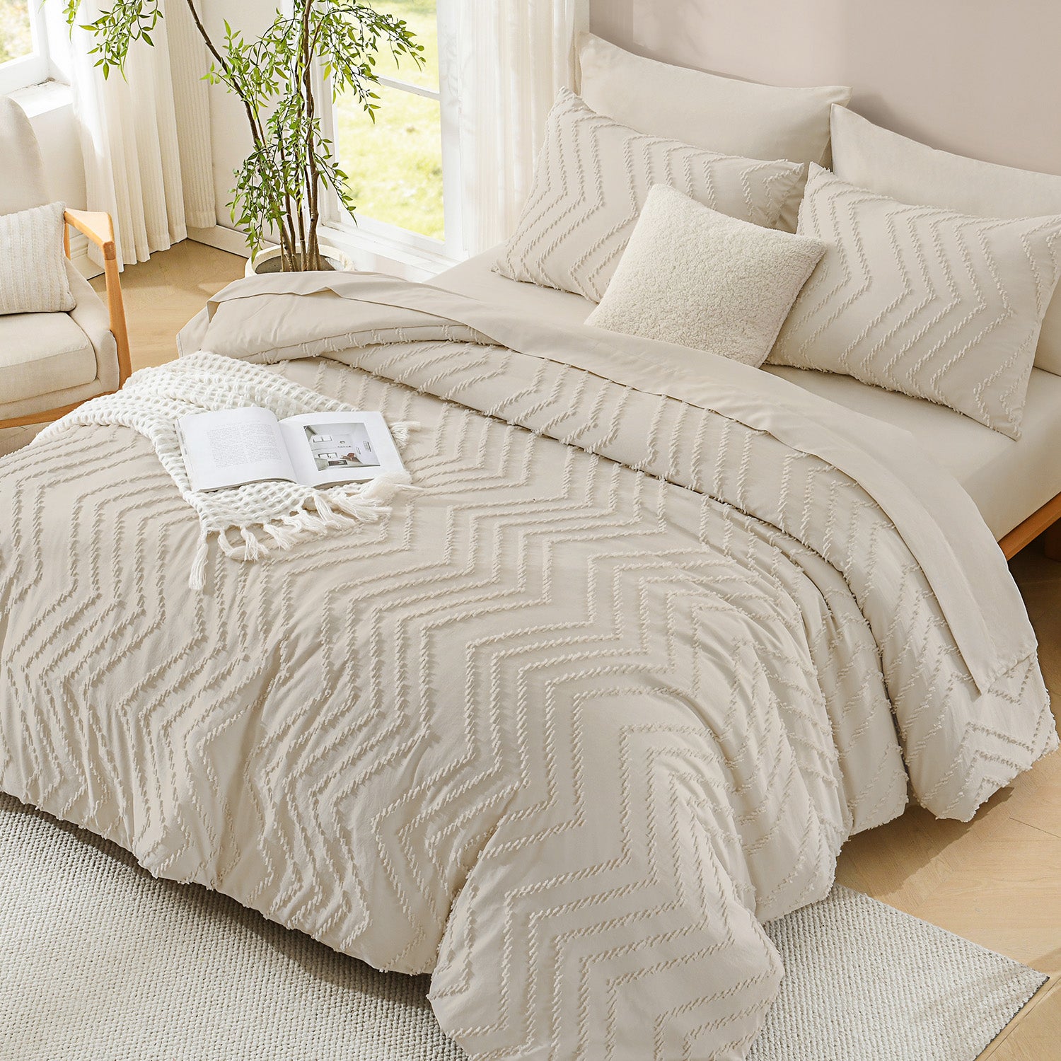 ANGENIA Comforter Sets - 7 Pieces Bed in a Bag Bohemian Cream Soft Fluffy Chevron Elegant Tufted All Season Bed Sets with Comforter, Sheets, Pillowcases & Shams