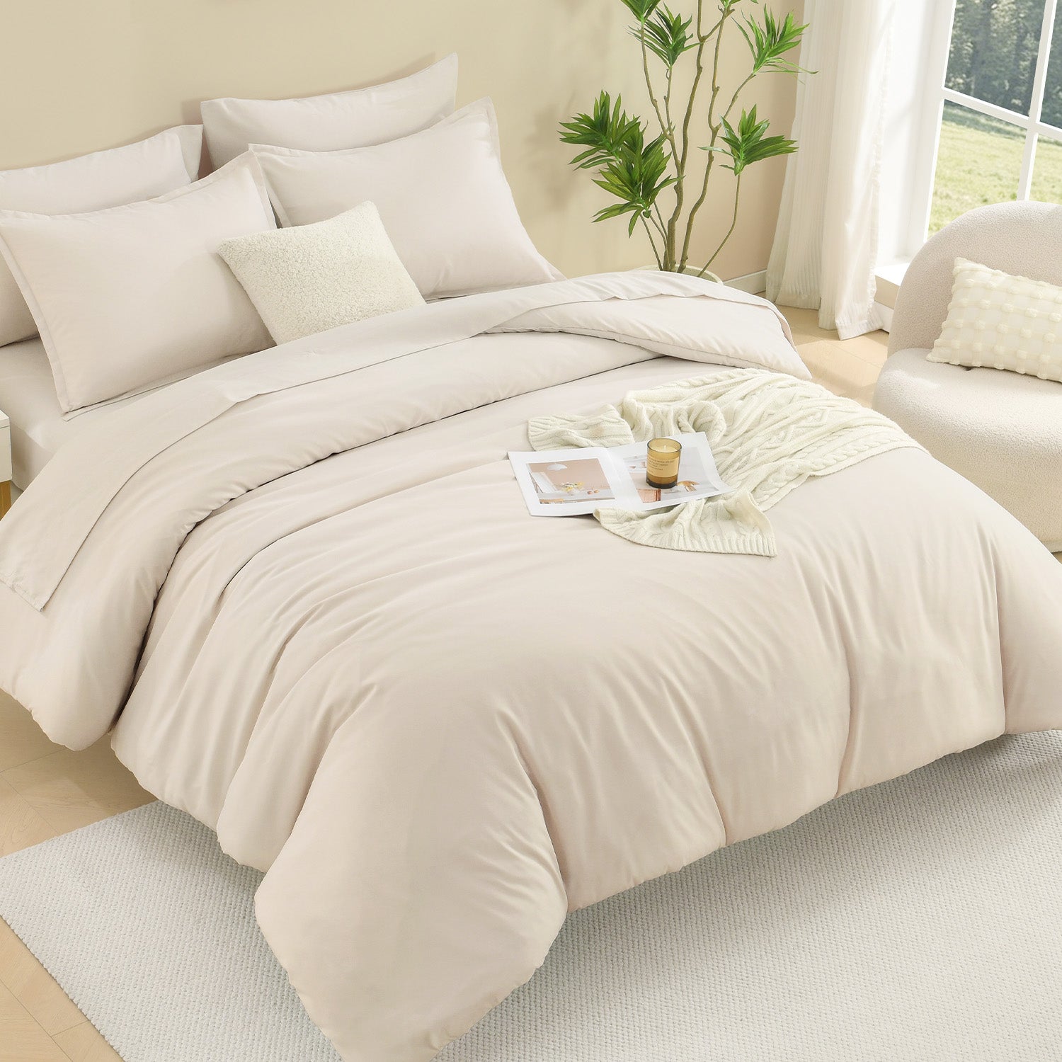 ANGENIA Comforter Sets - 7 Pieces Cream Bed in a Bag, Solid Warm Elegant Cozy Fluffy Bed Set with Comforter, Sheets, Pillowcases & Shams