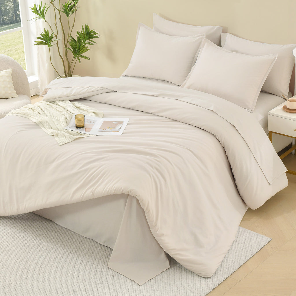 ANGENIA Comforter Sets - 7 Pieces Cream Bed in a Bag, Solid Warm Elegant Cozy Fluffy Bed Set with Comforter, Sheets, Pillowcases & Shams