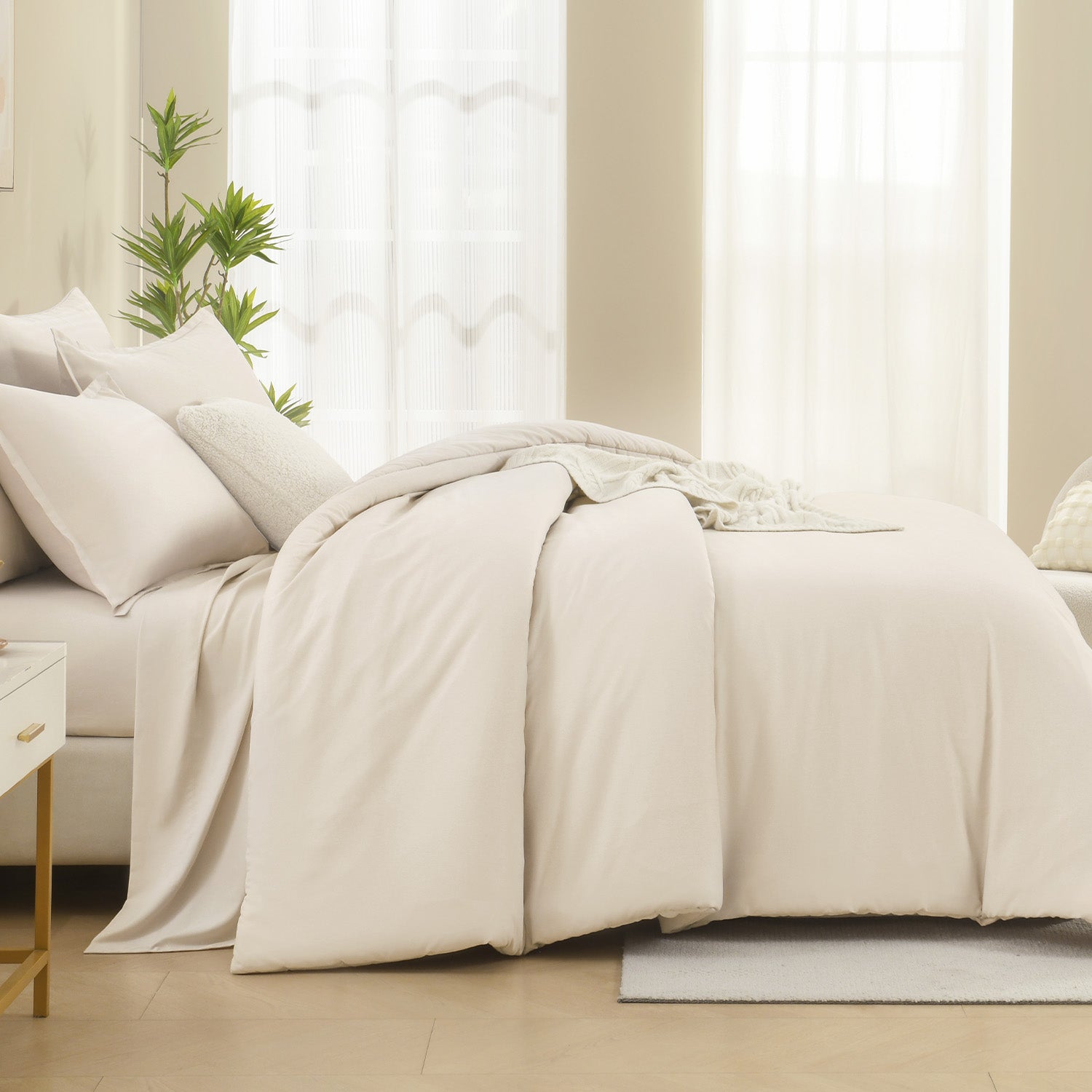 ANGENIA Comforter Sets - 7 Pieces Cream Bed in a Bag, Solid Warm Elegant Cozy Fluffy Bed Set with Comforter, Sheets, Pillowcases & Shams