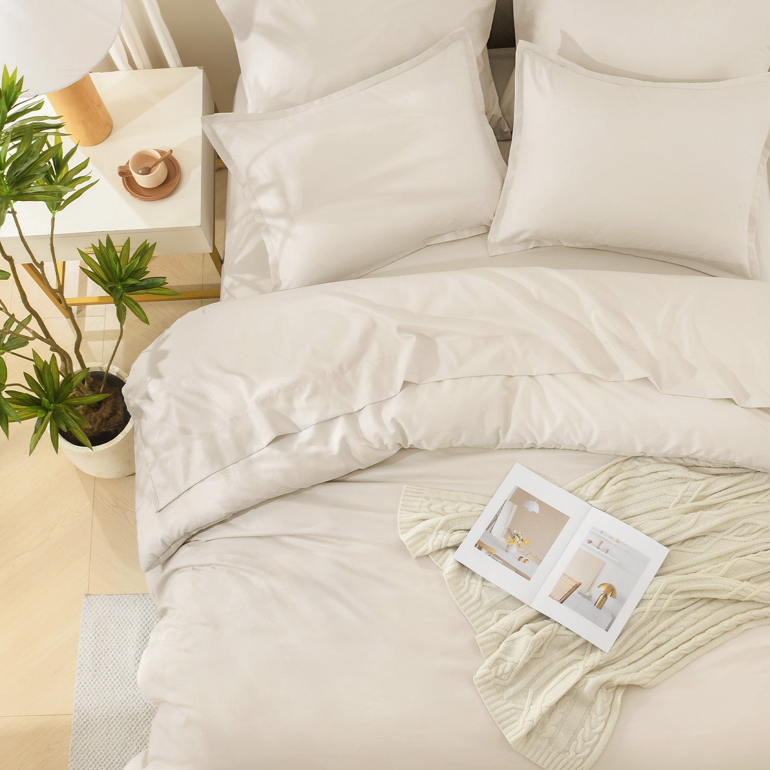 ANGENIA Comforter Sets - 7 Pieces Cream Bed in a Bag, Solid Warm Elegant Cozy Fluffy Bed Set with Comforter, Sheets, Pillowcases & Shams