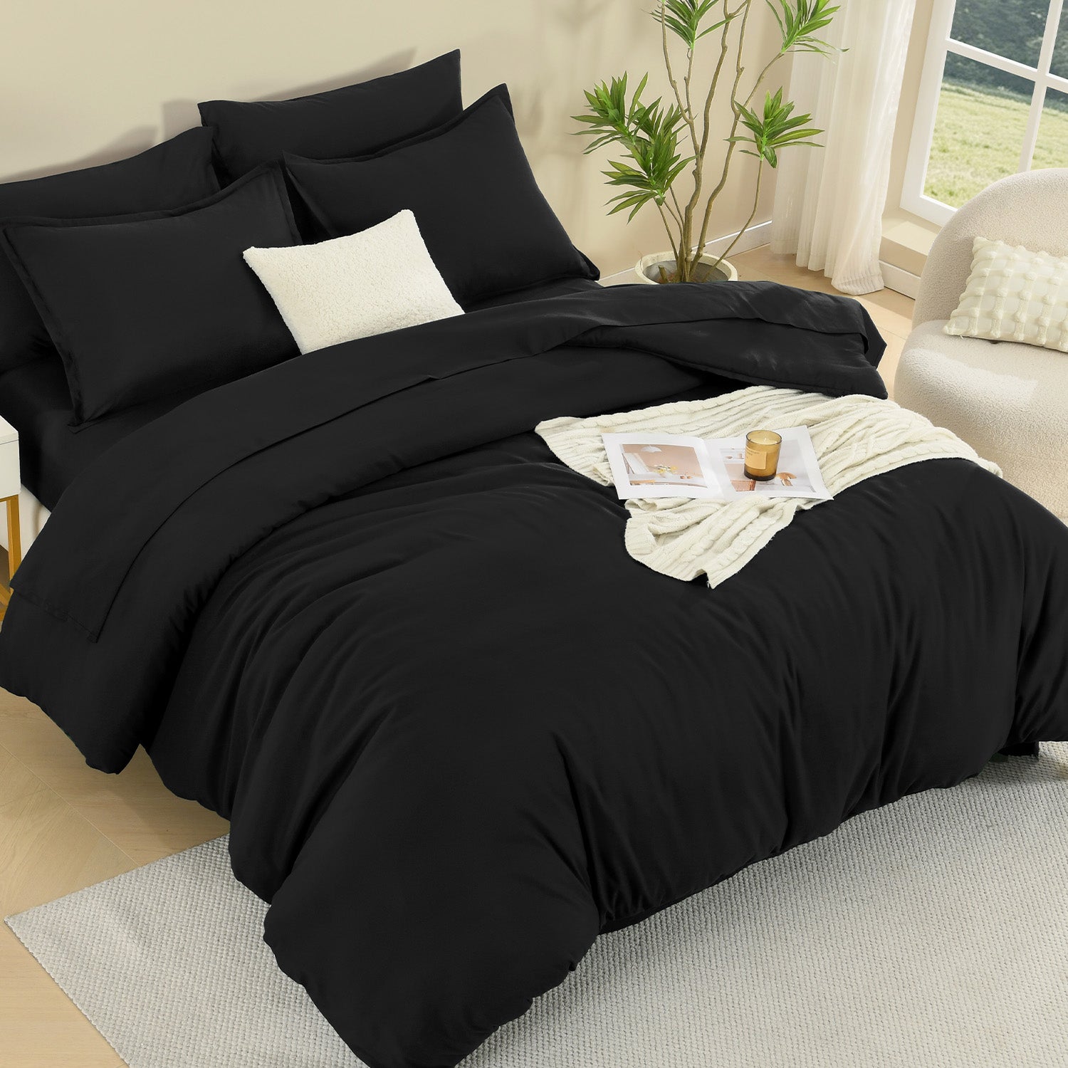 ANGENIA Comforter Sets - 7 Pieces Cream Bed in a Bag, Solid Warm Elegant Cozy Fluffy Bed Set with Comforter, Sheets, Pillowcases & Shams