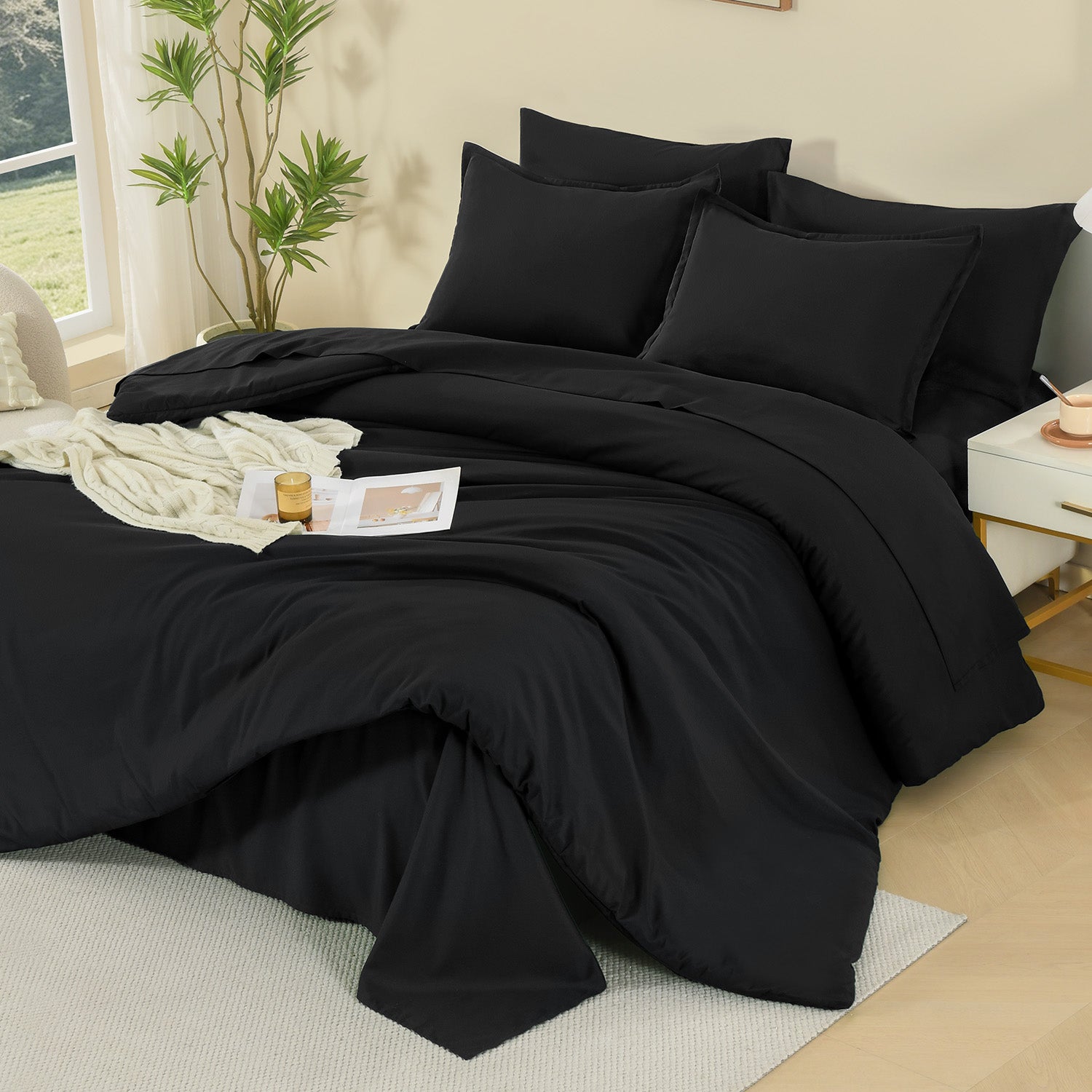 ANGENIA Comforter Sets - 7 Pieces Cream Bed in a Bag, Solid Warm Elegant Cozy Fluffy Bed Set with Comforter, Sheets, Pillowcases & Shams