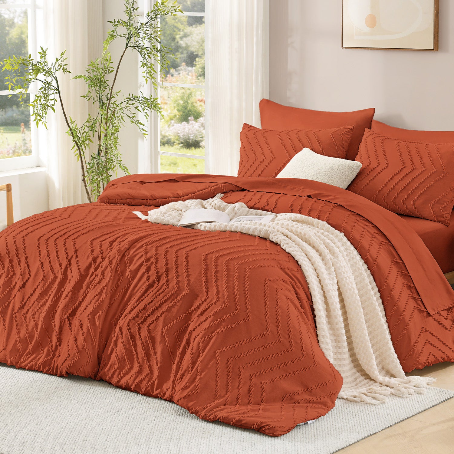 ANGENIA Comforter Sets - 7 Pieces Bed in a Bag Bohemian Cream Soft Fluffy Chevron Elegant Tufted All Season Bed Sets with Comforter, Sheets, Pillowcases & Shams