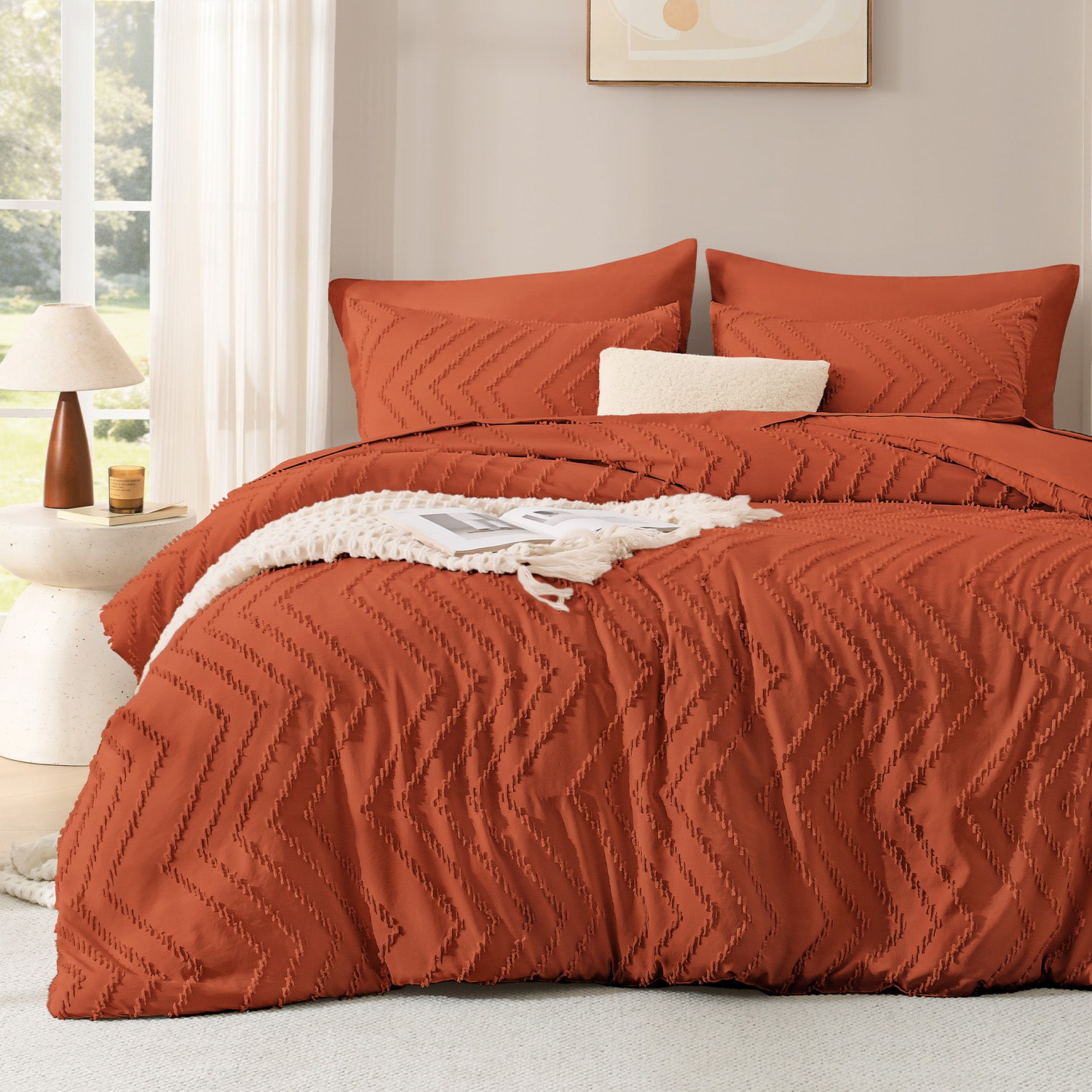 ANGENIA Comforter Sets - 7 Pieces Bed in a Bag Bohemian Cream Soft Fluffy Chevron Elegant Tufted All Season Bed Sets with Comforter, Sheets, Pillowcases & Shams