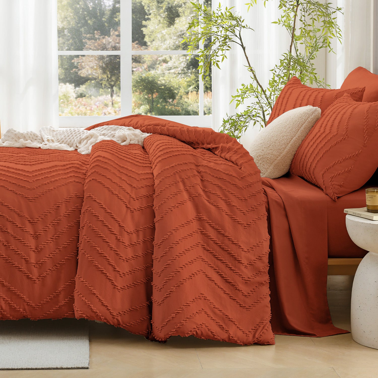 ANGENIA Comforter Sets - 7 Pieces Bed in a Bag Bohemian Cream Soft Fluffy Chevron Elegant Tufted All Season Bed Sets with Comforter, Sheets, Pillowcases & Shams