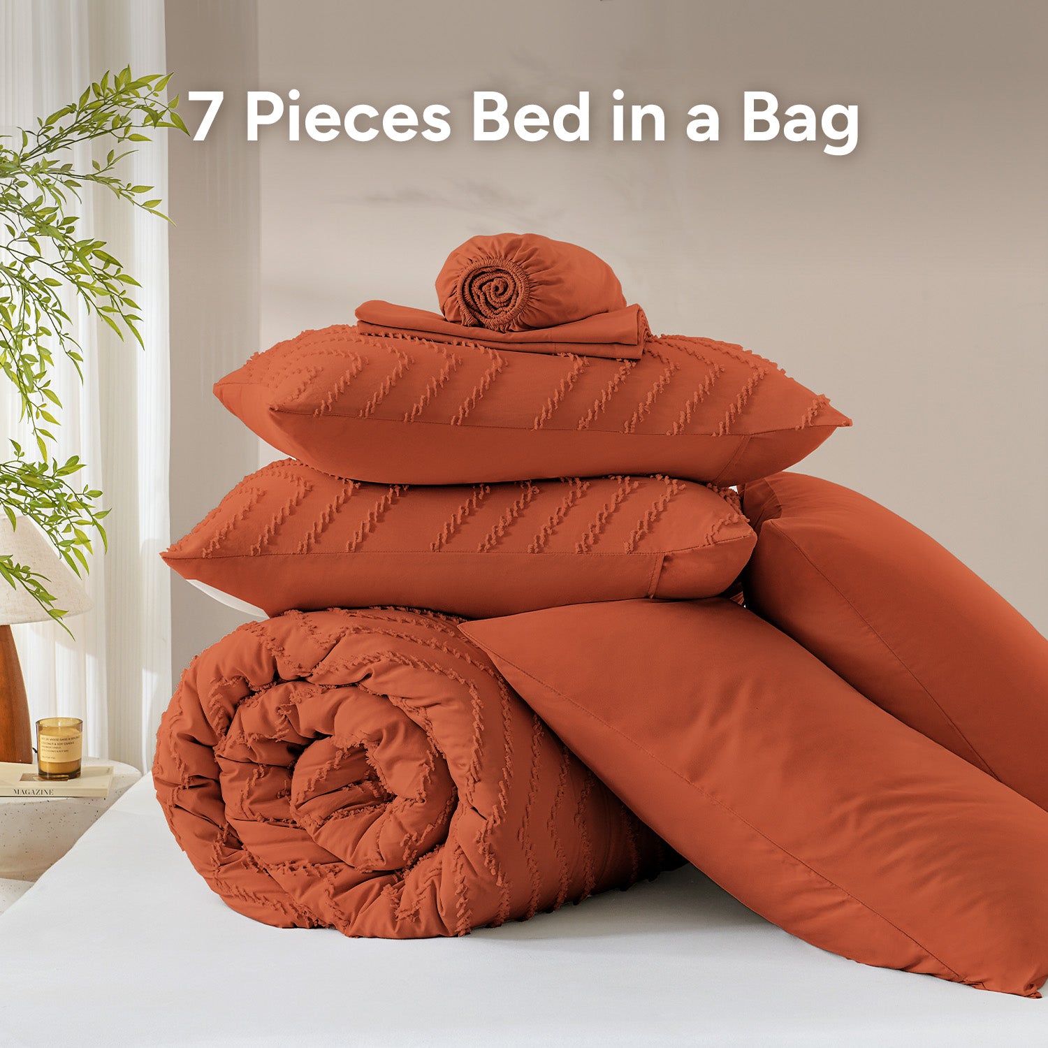 ANGENIA Comforter Sets - 7 Pieces Bed in a Bag Bohemian Cream Soft Fluffy Chevron Elegant Tufted All Season Bed Sets with Comforter, Sheets, Pillowcases & Shams