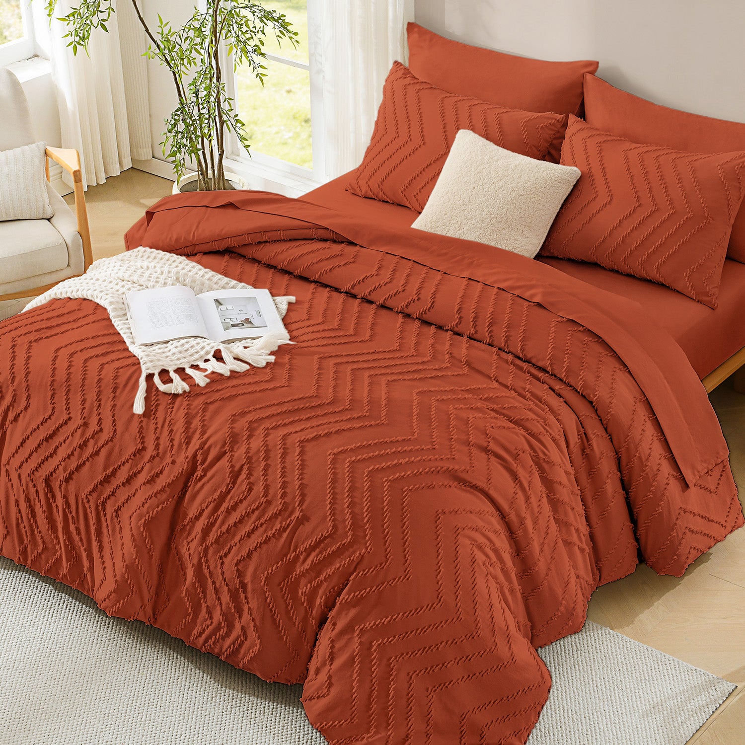 ANGENIA Comforter Sets - 7 Pieces Bed in a Bag Bohemian Cream Soft Fluffy Chevron Elegant Tufted All Season Bed Sets with Comforter, Sheets, Pillowcases & Shams