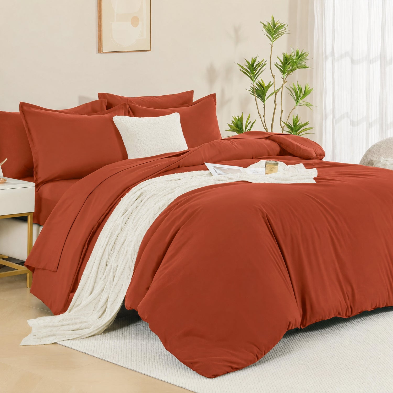 ANGENIA Comforter Sets - 7 Pieces Cream Bed in a Bag, Solid Warm Elegant Cozy Fluffy Bed Set with Comforter, Sheets, Pillowcases & Shams
