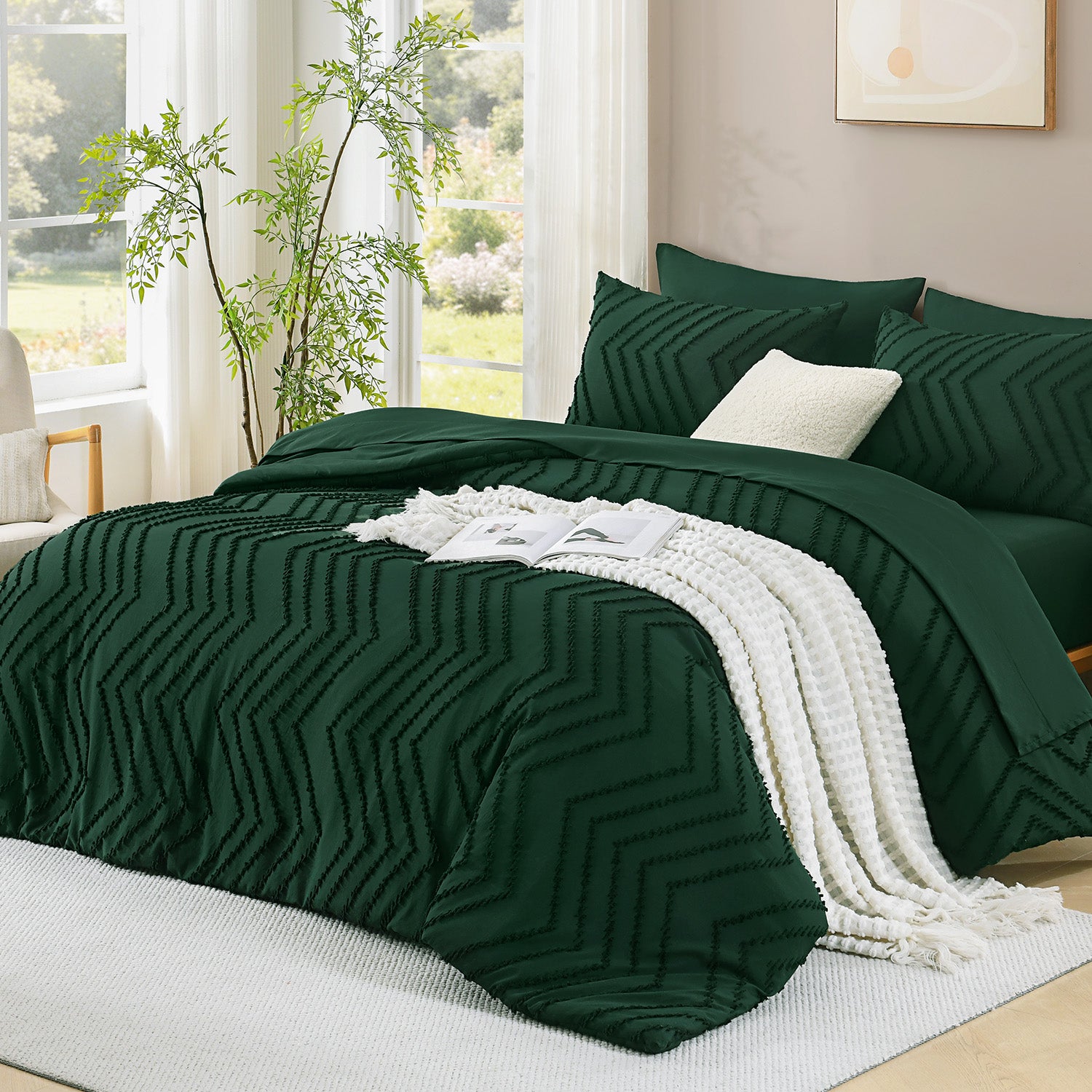 ANGENIA Comforter Sets - 7 Pieces Bed in a Bag Bohemian Cream Soft Fluffy Chevron Elegant Tufted All Season Bed Sets with Comforter, Sheets, Pillowcases & Shams