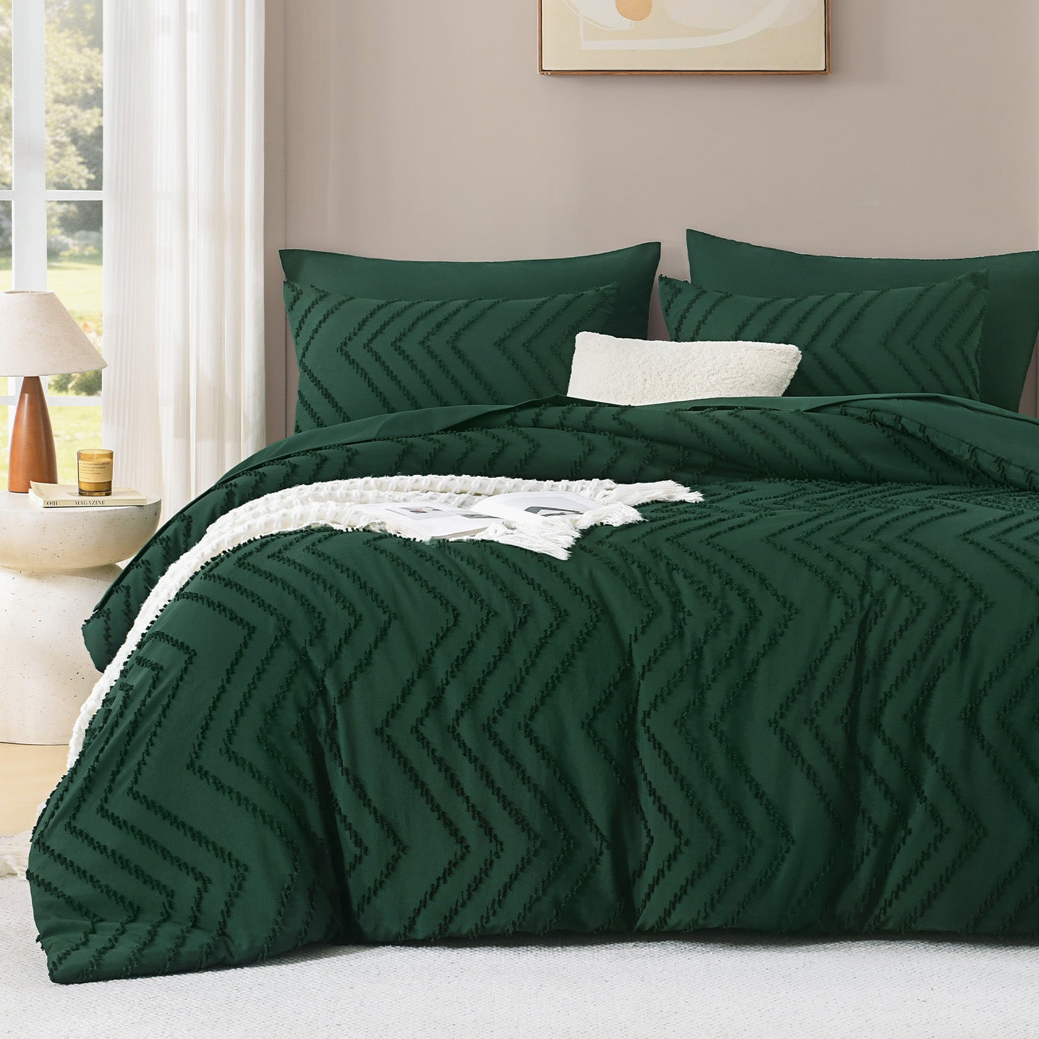 ANGENIA Comforter Sets - 7 Pieces Bed in a Bag Bohemian Cream Soft Fluffy Chevron Elegant Tufted All Season Bed Sets with Comforter, Sheets, Pillowcases & Shams
